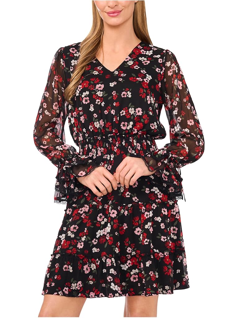 Black CeCe Balloon Sleeve V-Neck Smocked Waist Dress