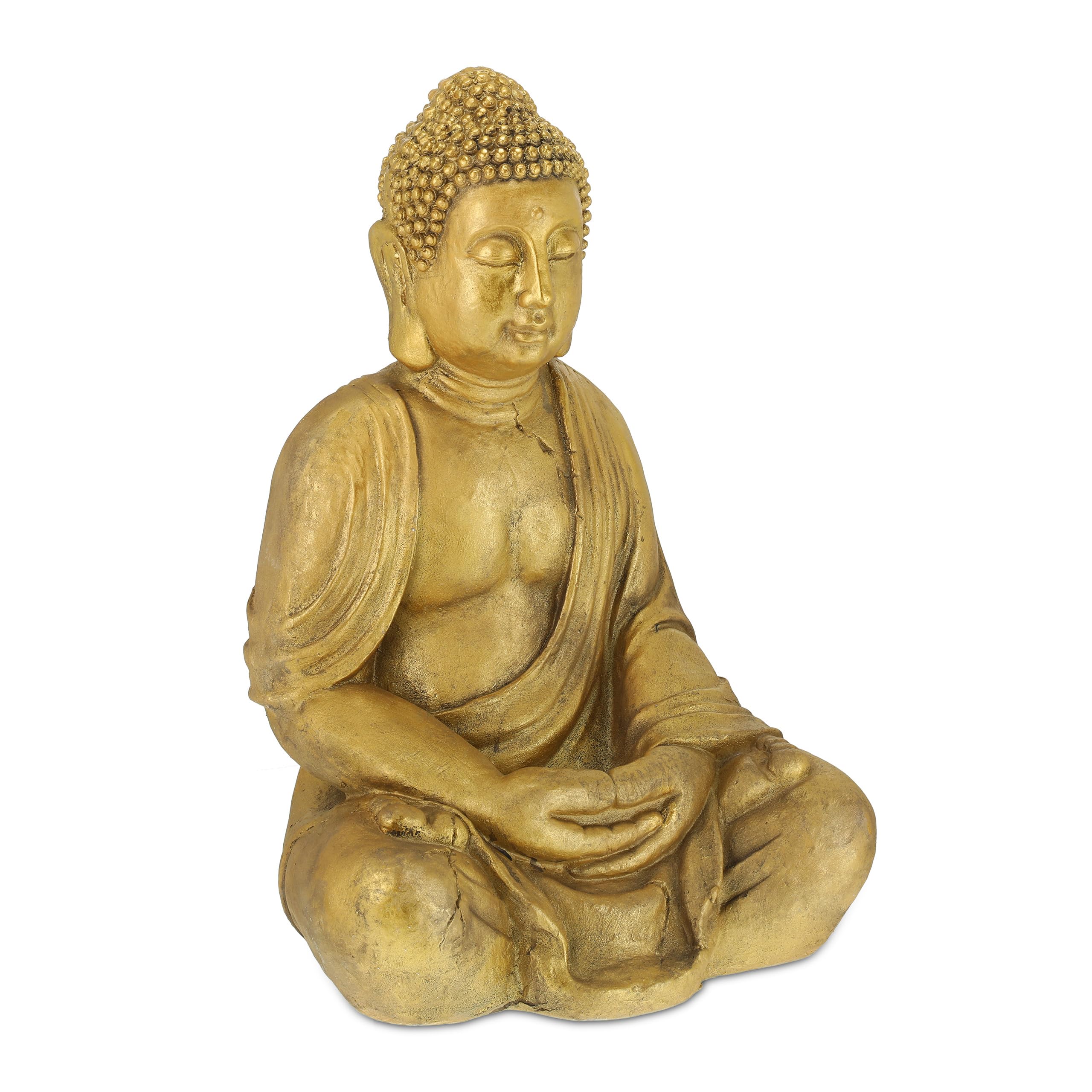 Relaxdays Estatua Buda Jardín, Resistente a la Intemperie y Las Heladas, Figura Buda Sentado XL, 70 x 45 x 35 cm, Dorado