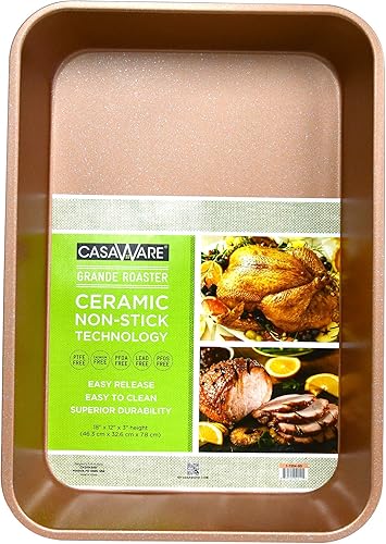casaWare Grande - Sartén para lasañaasador, 18 x 12 x 3 pulgadas, extra grande, revestimiento de cerámica antiadherente (granito oro rosa)