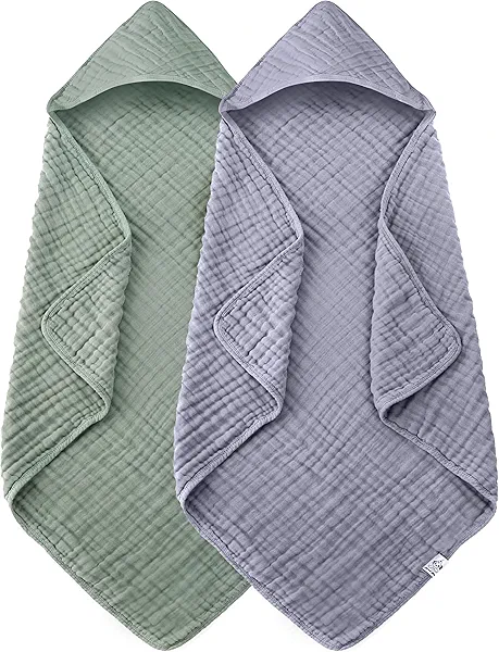 Spotted Play 2 Pack Hooded Baby Towels - 100% Muslin Cotton for Newborns, Infants, Toddlers - Large 32x32Inch Size - Highly Absorbent and Essential for Newborn Care, Green and Grey