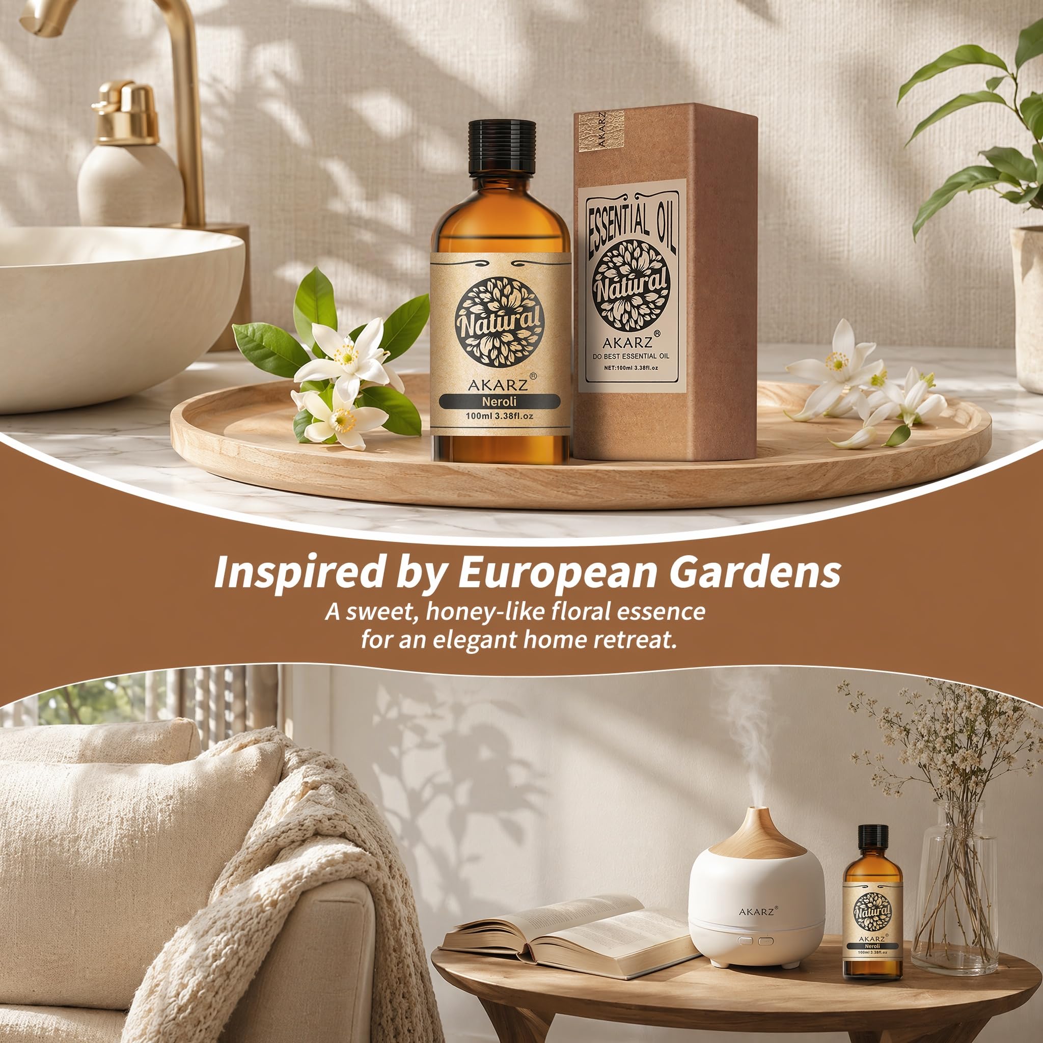 AKARZ 100ml Olejek esencjny z Neroli - Naturalny olejek aromatyczny do dyfuzorów, lamp aromatycznych i aromatów pomieszczeń
