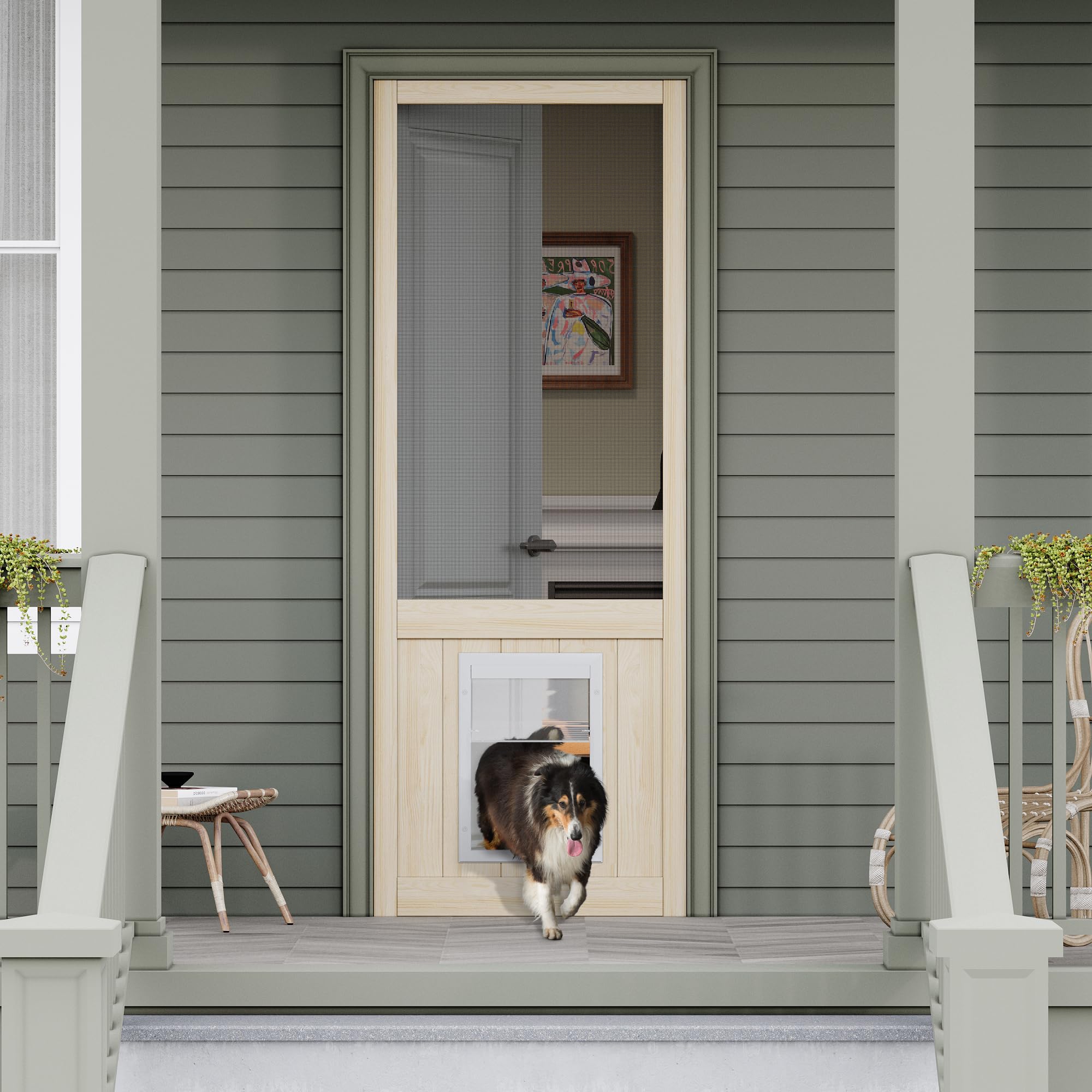 30" x 80" Pine Wooden Screen Door, with Built-in Dog Door - Universal Hinged Gauze Mesh Pet Door for Exterior/Interior, Pre-Assembled Easy
