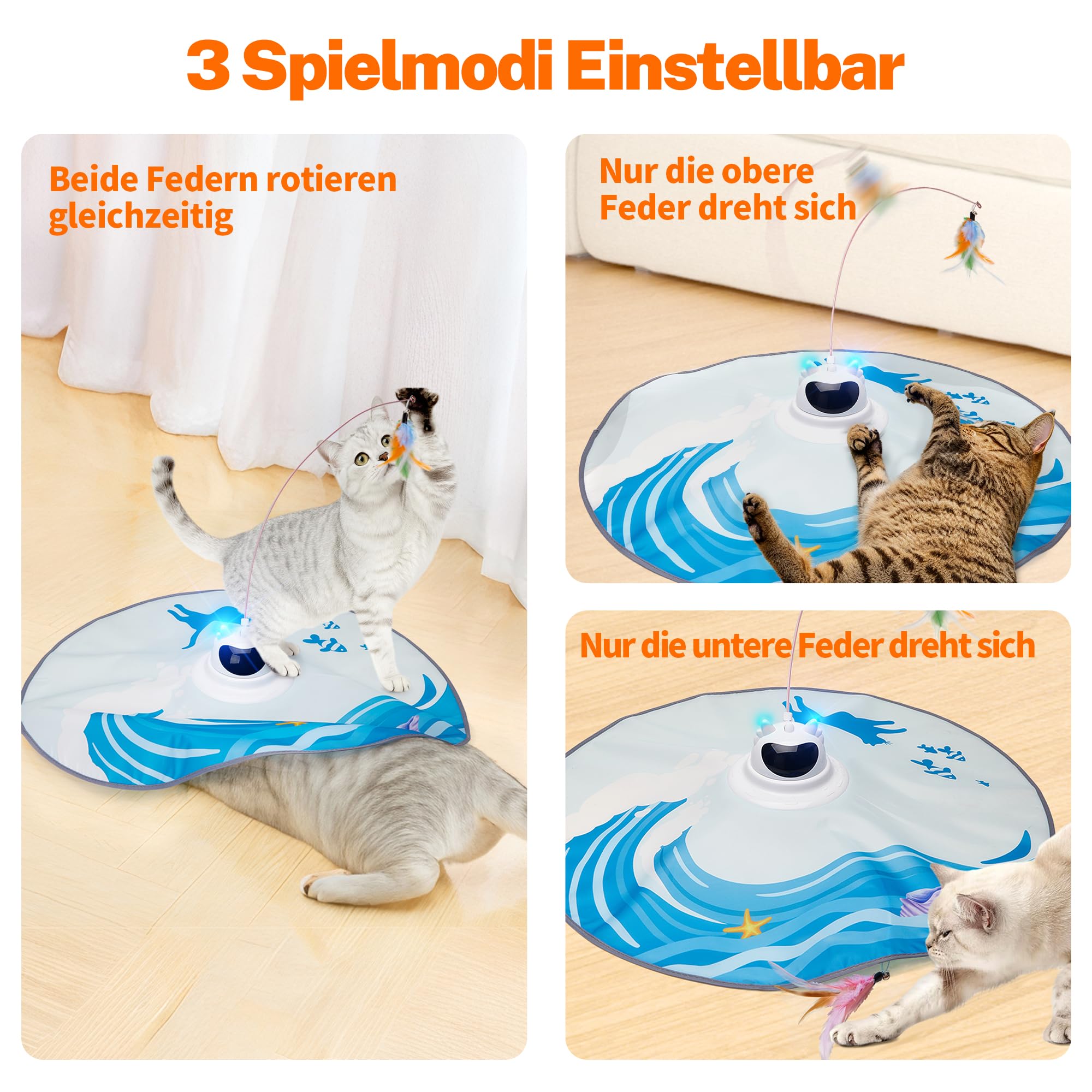 Toozey Interaktives Katzenspielzeug mit 3 abnehmbaren Federn, Elektrisches Katzenspielzeug mit Federautomatik & USB-Aufladung, Selbstbeschäftigungspielzeug für Katzen jeden Alters, Blau