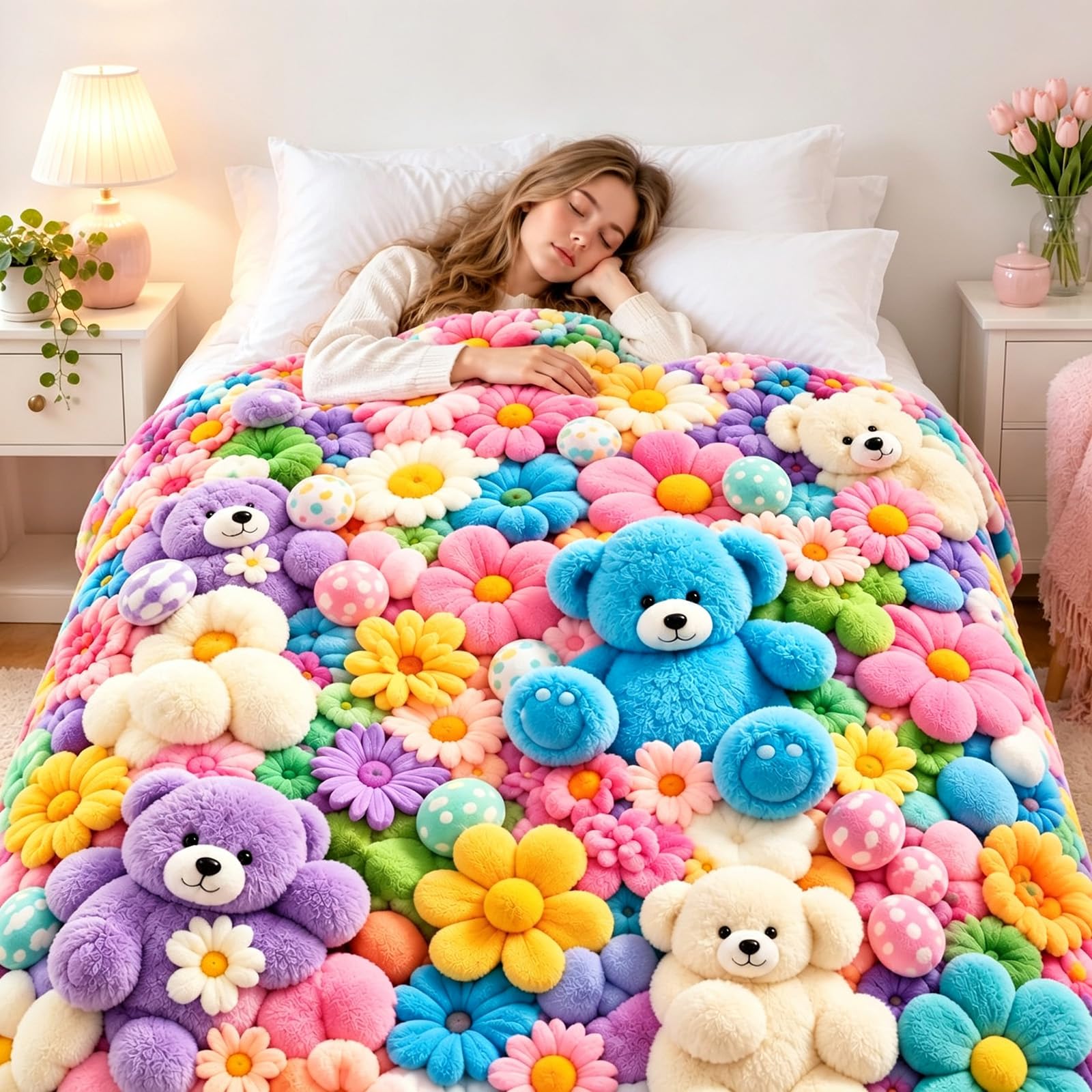 3D Teddy Plush Throw Blanket, 3D Plush Blanket, Pastel Floral Print，A：S