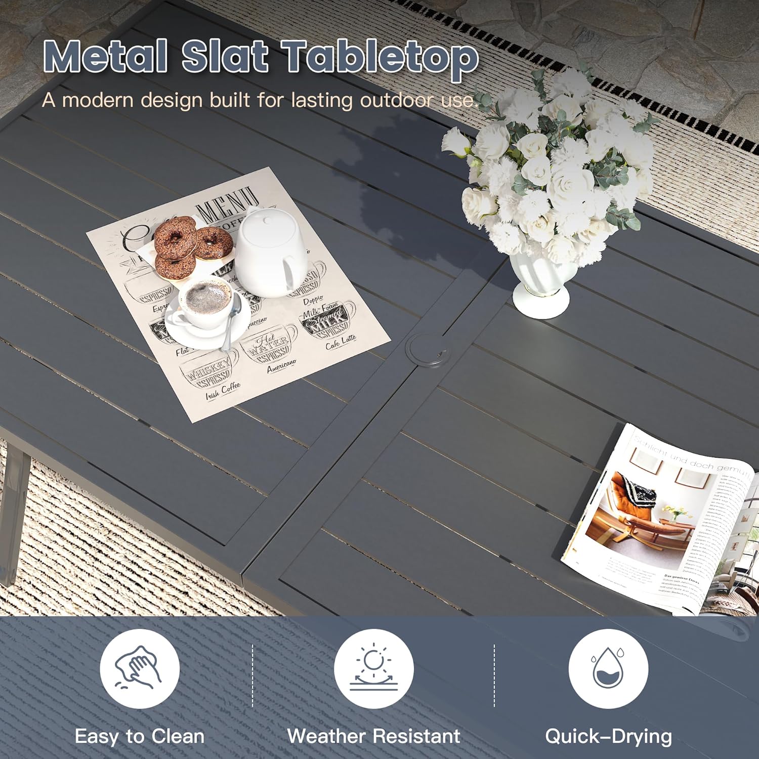 VICLLAX 70.9" Patio Dining Table, Outdoor Rectangular Metal Table for 8 with Umbrella Hole for Porch Backyard Garden Deck, Black