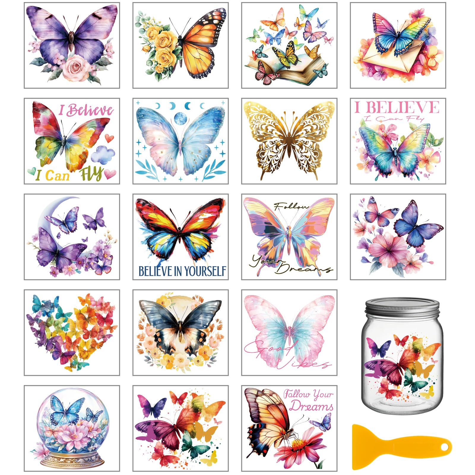 GLOBLELAND 18 Sheets Butterfly Rub on Transfer 3.9x3.6inch Colorful Moon Flowers Vase Home Decals Text Cup Transfer Stickers for Furniture Vase Glass Art Crafts Decorations