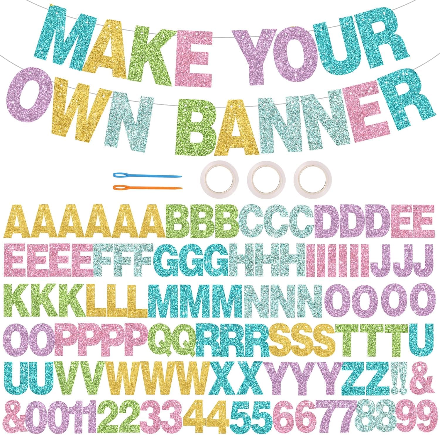 DecoGlee 116 PCS A-Z Glitter Cursive macaron DIY Letter Banner Kit Make Your Own Banner，Including 111 Letters and Numbers 3 Rope and 2 Threading Device,for Birthday Graduation Wedding Halloween Party
