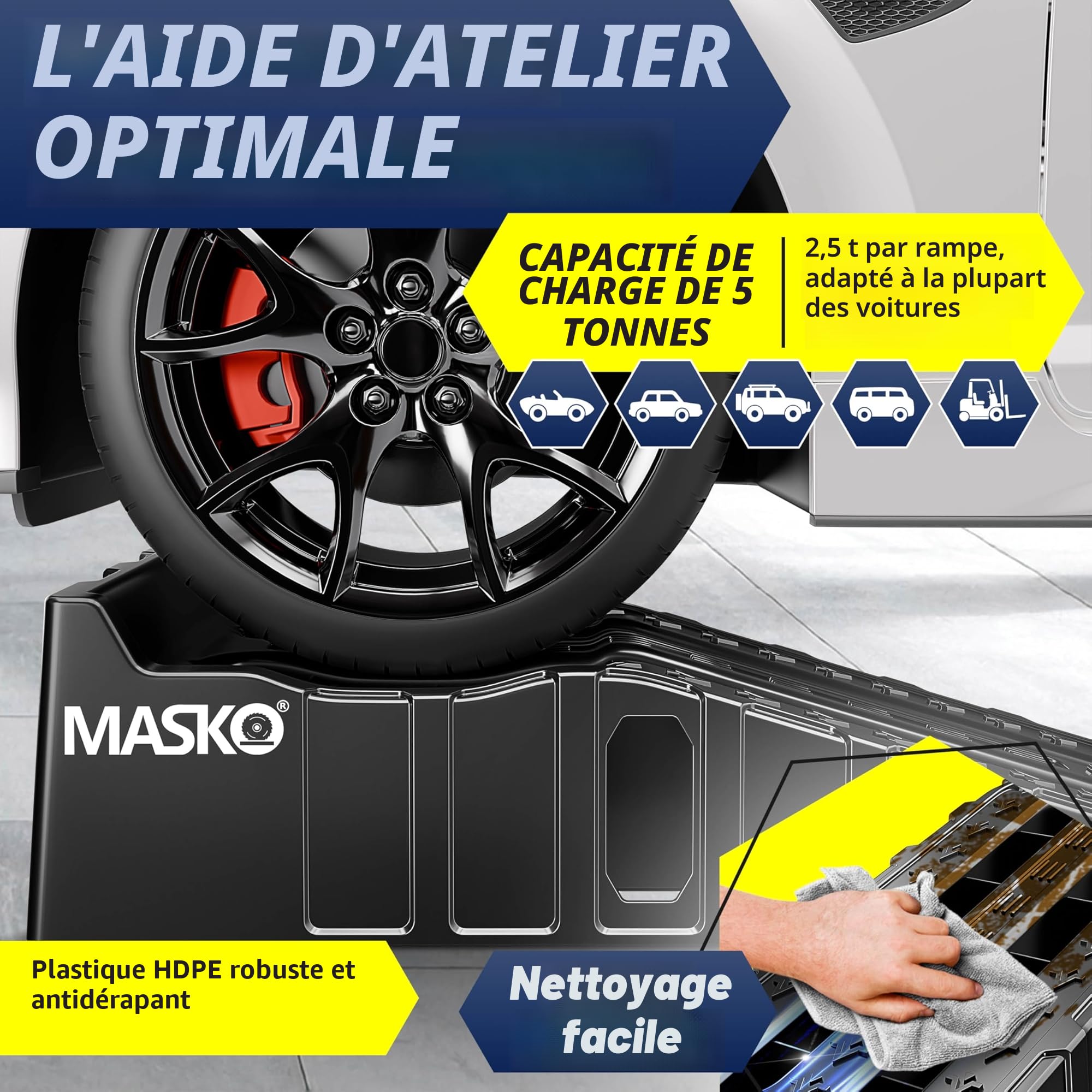 MASKO® Lot de 2 rampes d'accès | Cales de Chargement jusqu'à 5 t | Rampe de Voiture avec Protection Contre Les débordements | Rampe de Chargement antidérapante, Robuste et Extra Large