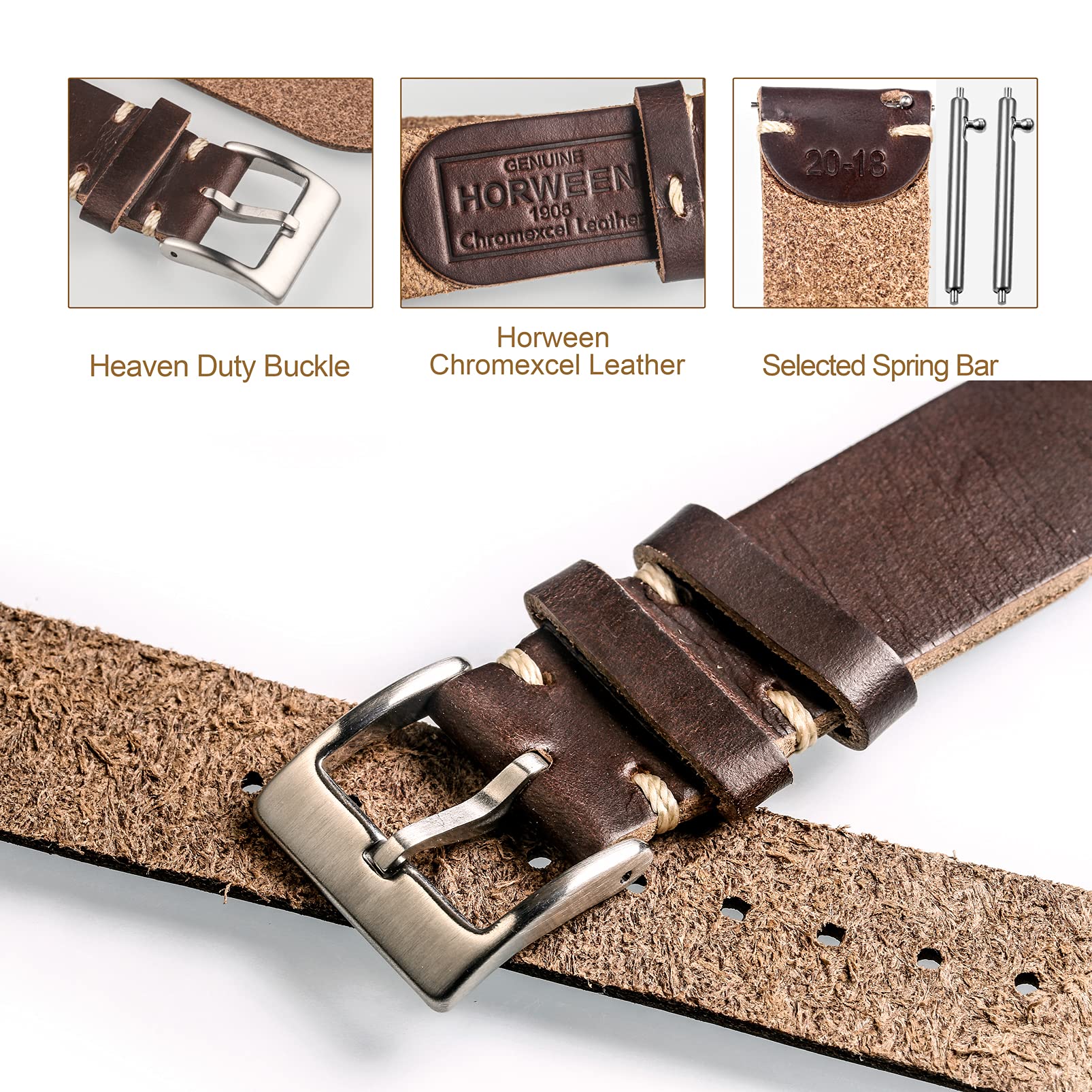 Soft Horween Leather Watch Bands for Men 19mm Watch Strap Quick Release Vintage Watch Wrap with Heavy Duty Dust Buckle - Image 4