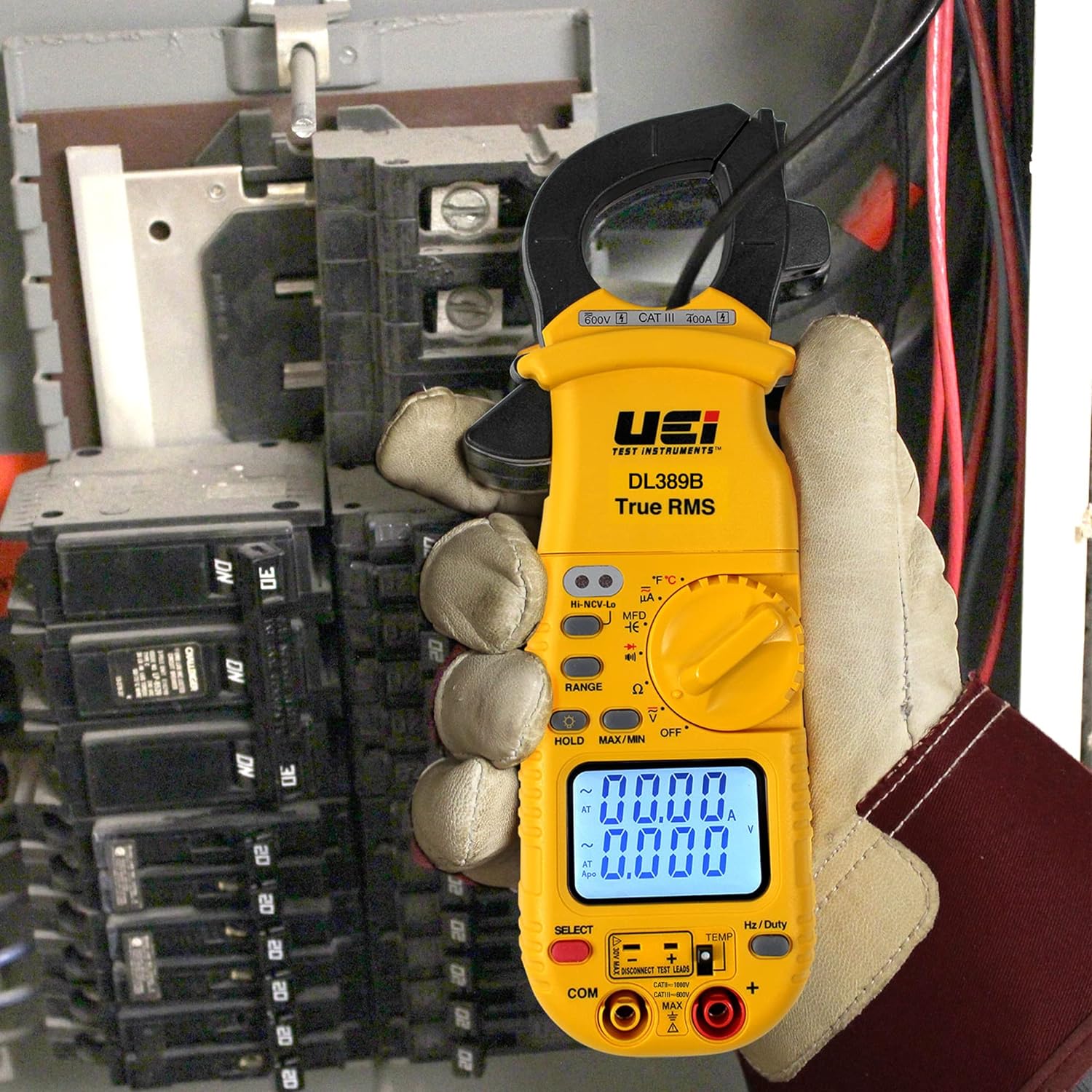 UEi DL389B Digital True RMS Clamp Meter, HVAC 4000 Counts Auto Ranging Voltmeter, Measures AC & DC Volts AC Amps AC/DC Microamps Temperature Frequency Resistance Capacitance Duty Cycle NCV Diode Test