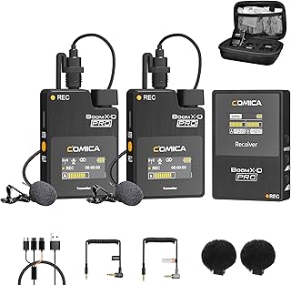 Wireless Lavalier Microphone, Comica BoomX-D Pro D2 2.4Ghz 8G On-Board Lapel Microphone System with 2 Transmitter 1 Receiver, Lav Mic for Camera Smartphone Interview YouTube Facebook Live Streaming