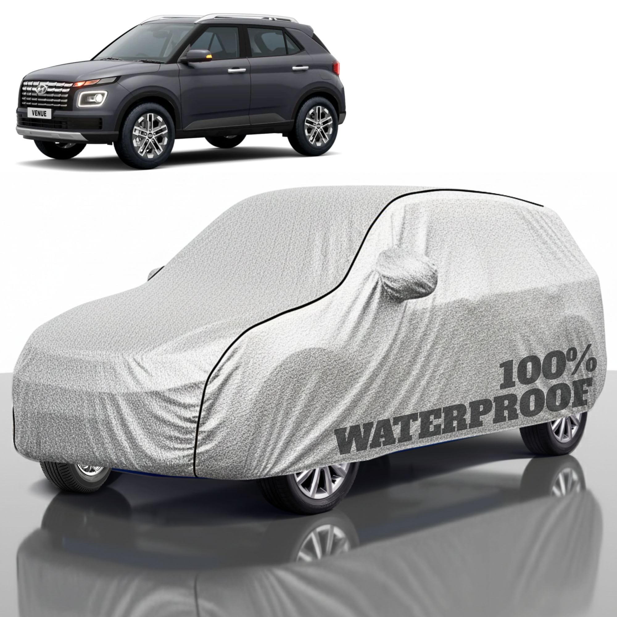 Premium Polyester Car Cover Venue All-Weather Protection from Rain, Dust &amp; Sun | UV Resistant Fabric | Full Body Secure Fit for Outdoor &amp; Indoor Parking Silver