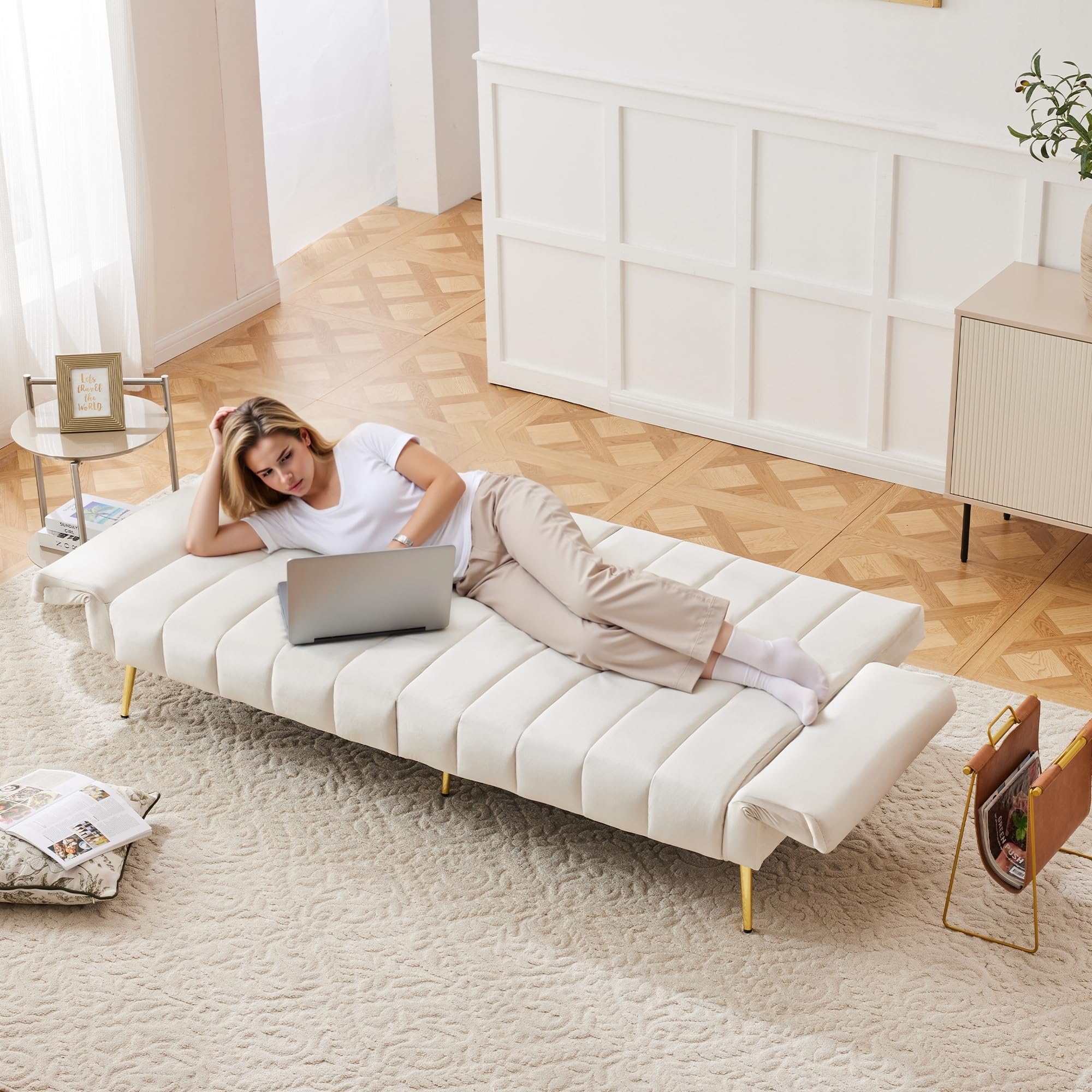 Merax Klappbares Schlafsofa 2 Sitzer Sofa mit Schlaffunktion Schlafcouch Bettsofa mit Großer Liegefläche von 220 cm L × 104 cm B, Couch fürs Wohnzimmer/Schlafzimmer/Gästezimmer, Beige