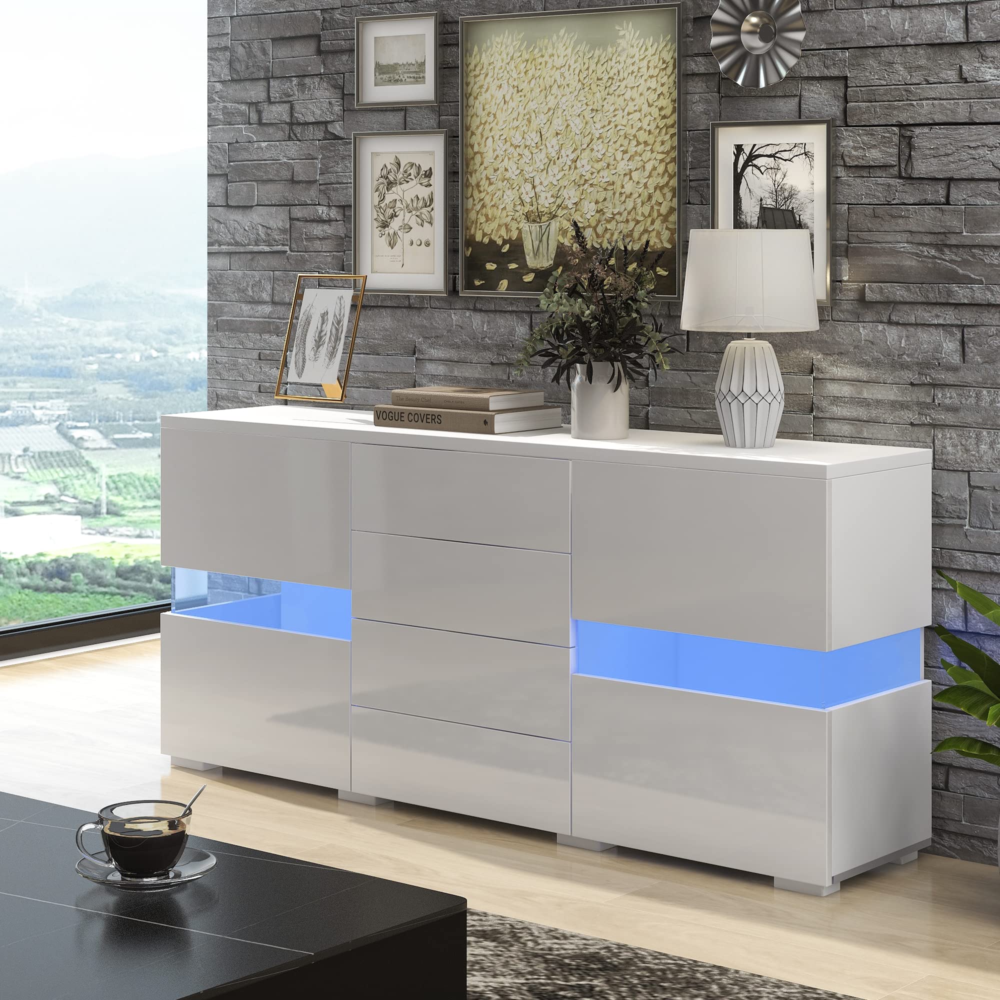Merax Modern Matt & High Gloss White Sideboard for living room Sideboard Cabinet with 2 Doors & 4 Drawers, Cupboard Display with 16-Colour LED Lights(Remote Control), 35 x 140 x 72 cm, White โ image 1
