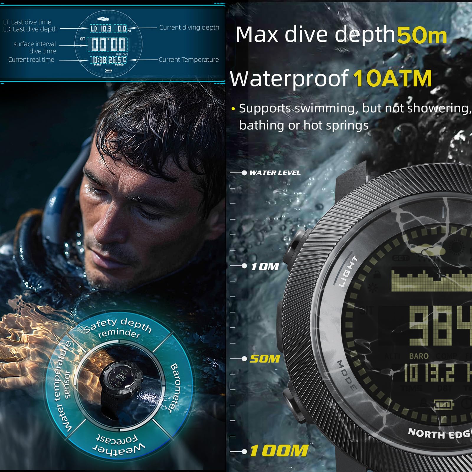 Reloj deportivo para hombre, podómetro, reloj de buceo, reloj de pulsera militar con brújula, barómetro, altímetro, resistente al agua, 10 bar, reloj digital para hombre, reloj de fitness, calorías