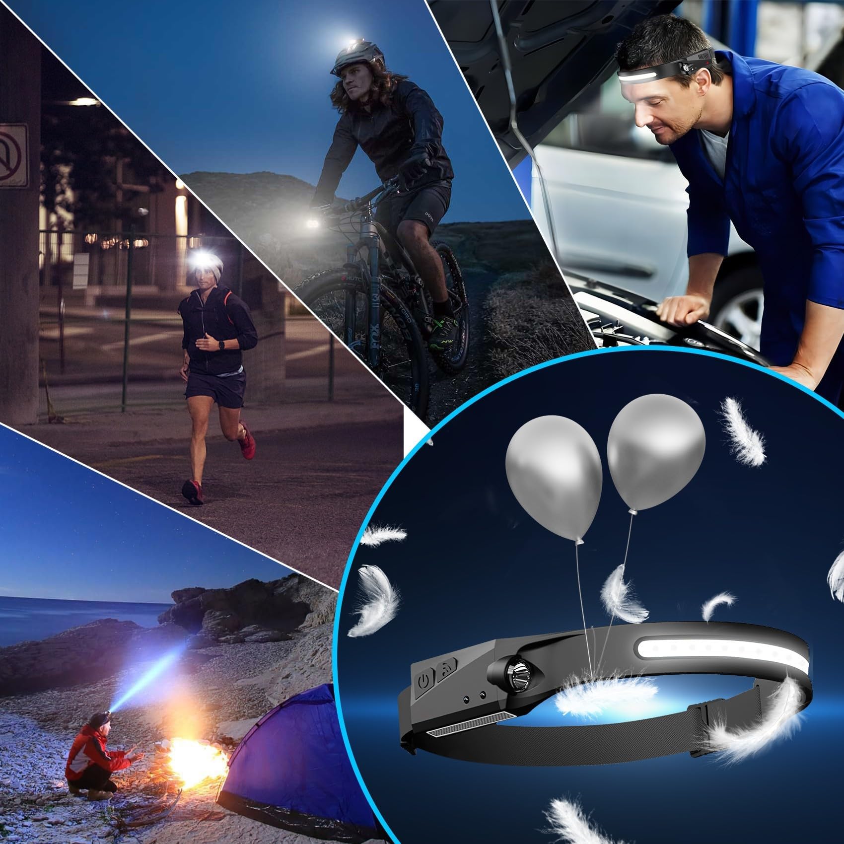 Wiederaufladbare Stirnlampe, 1000 Lumen, Stirnlampe für Erwachsene, 230° heller Strahler, Stirnlampe & Strahler, Bewegungssensor, 6 Modi, leichte Stirnlampen mit Clips für Camping, Laufen