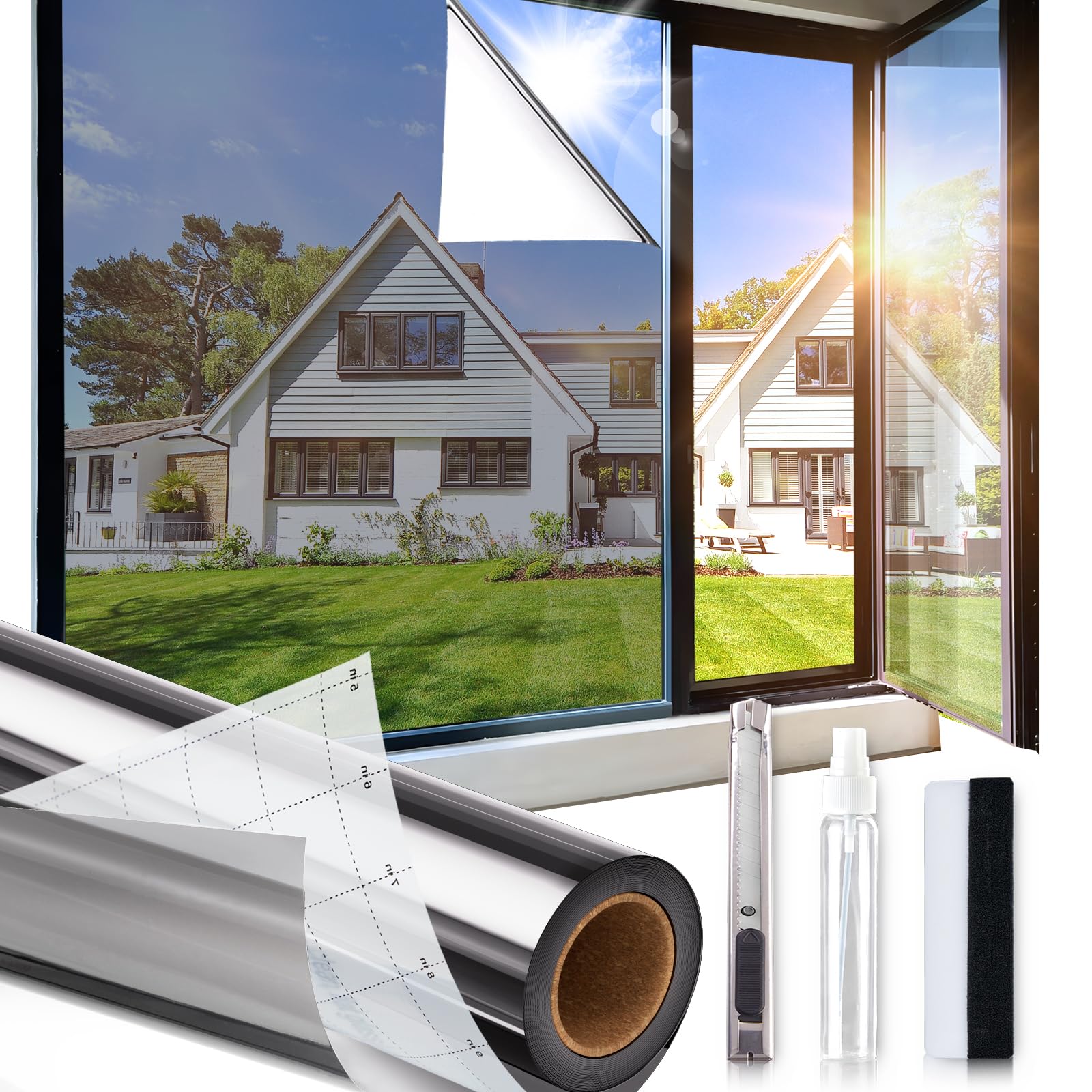 One Way Privacy Window Film,Sun Blocking Window Film with 3 Tools, Heat & UV Blocking Window Tint Film for Home, Easy Install DIY Office Window