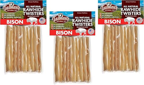 Paquete de 3 Twisters naturales a base de colágeno para mascotas Tasman's (bisón), pequeños, 10 giros cada uno.