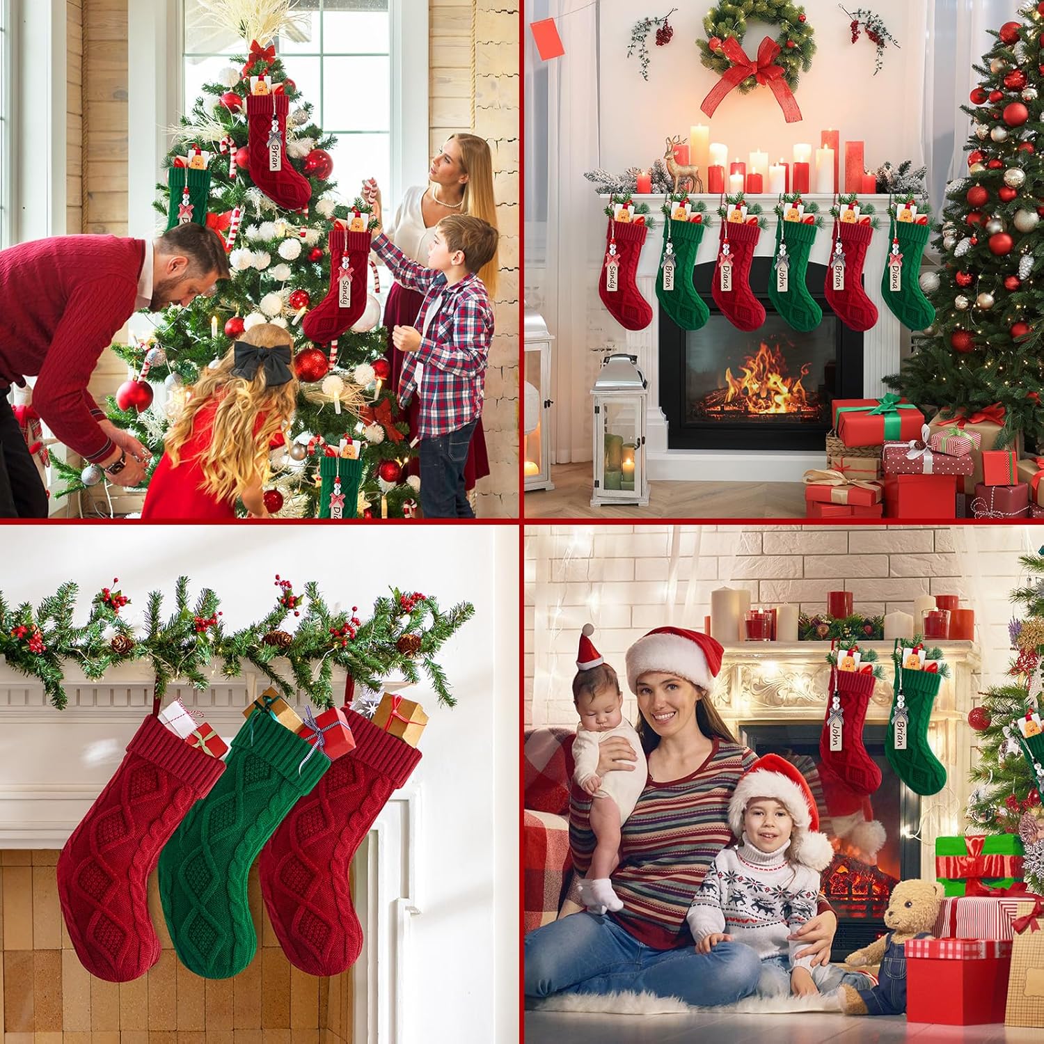 Personalized Christmas Stockings - 18 Inches Hanging Stockings with DIY Snowman Name Tags, 6 Pack Large Size Knitted Stockings for Mantels, Christmas Tree Family Holiday Decor, Red and Green