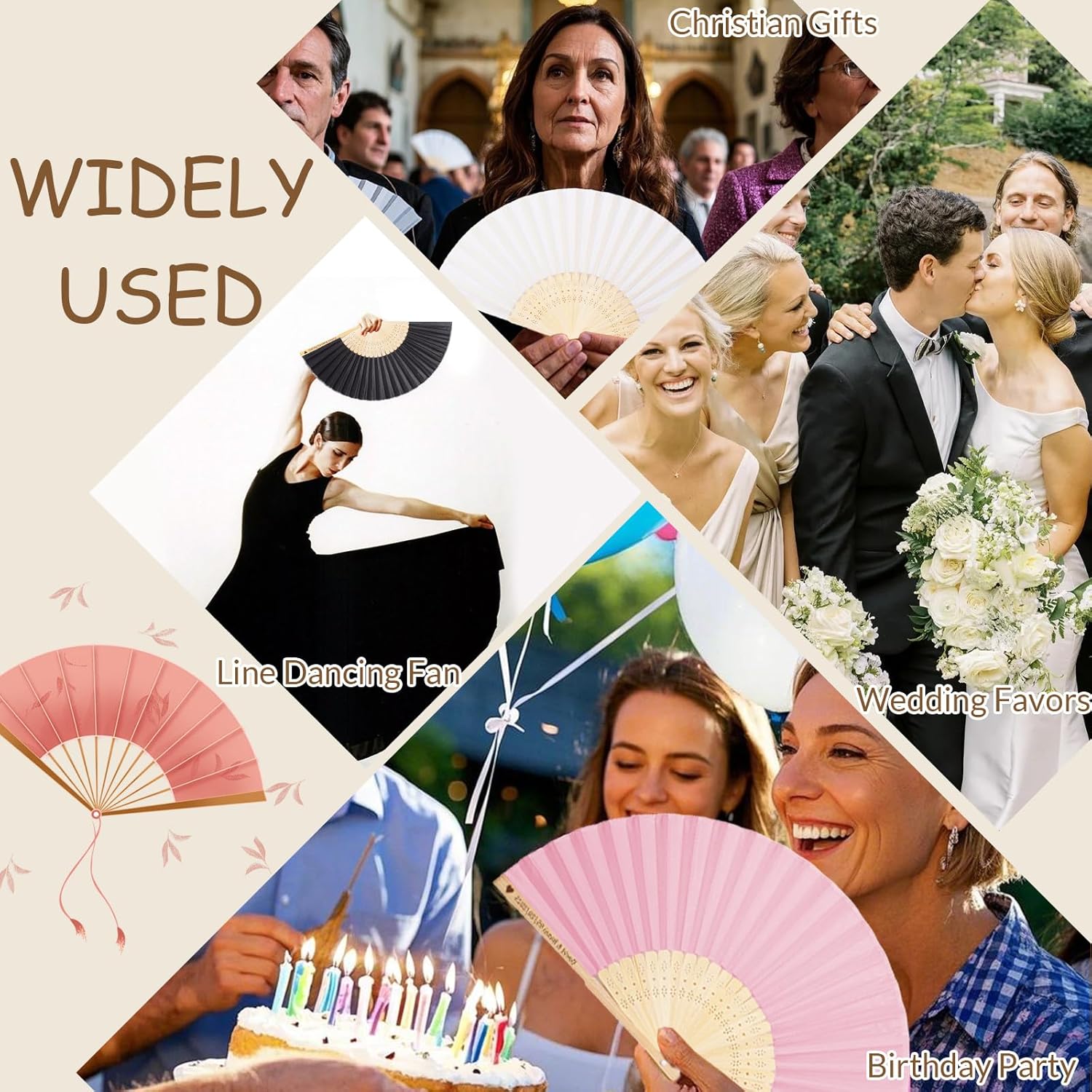 HJX 100Pcs Personalized Wedding Fans for Guests Custom Engraved Silk Folding Hand Fans for Line Dancing Bulk Party Favors