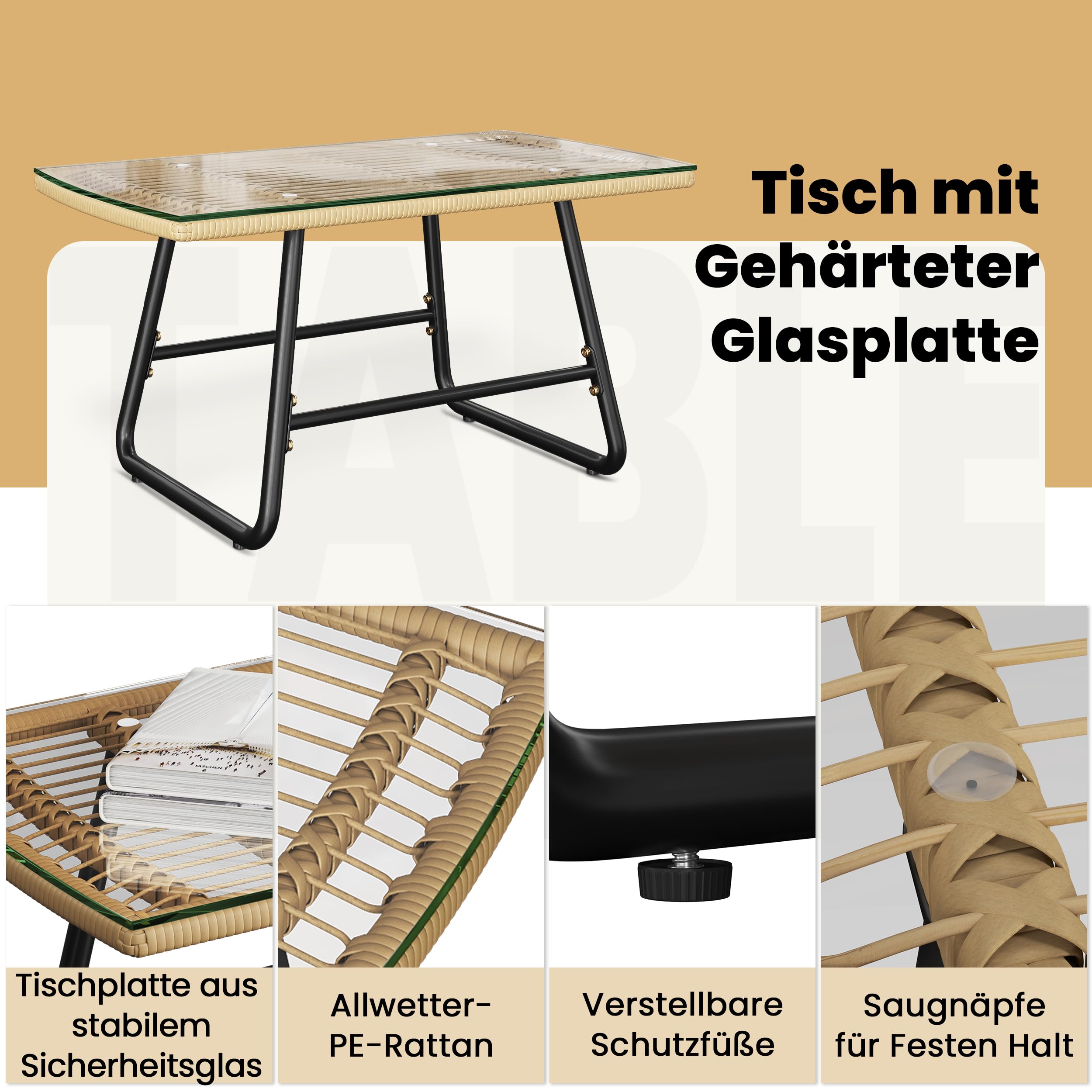 Yaheetech Polyrattan Gartenmöbel Set 4-teilig, Balkonmöbel Lounge-Set inkl.2-Sitzer 2 Sessel Tisch, Wetterfest Terrassenmöbel Sitzgruppe mit Kissen für Balkon Garten, Hellbraun & Cremeweiß