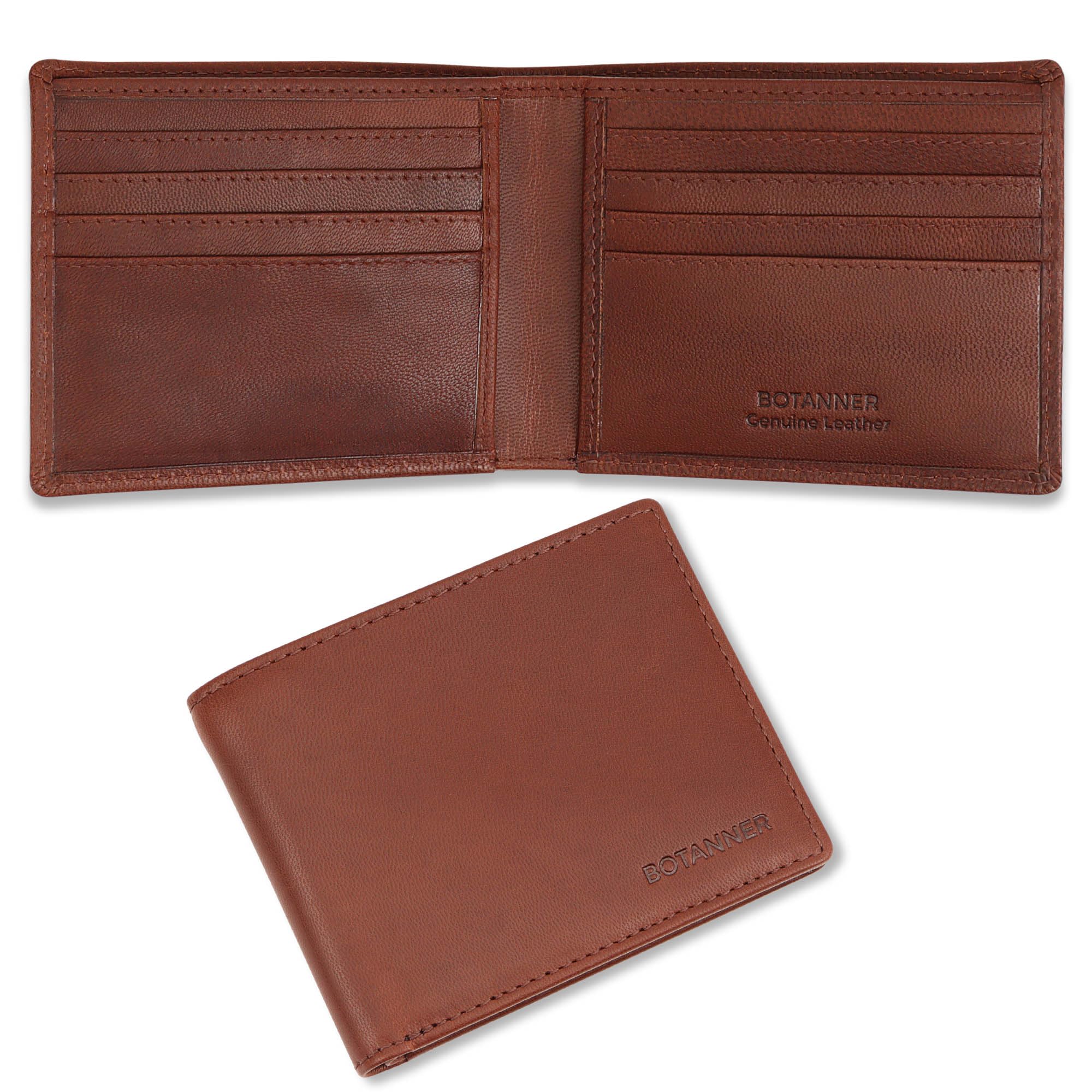 BOTANNER Genuine Leather Mens Bifold Wallet | RFID Blocking, 8 Credit Card Slots, 2 Sections for Bills & 2 Additional Slots | Dark walnut brown