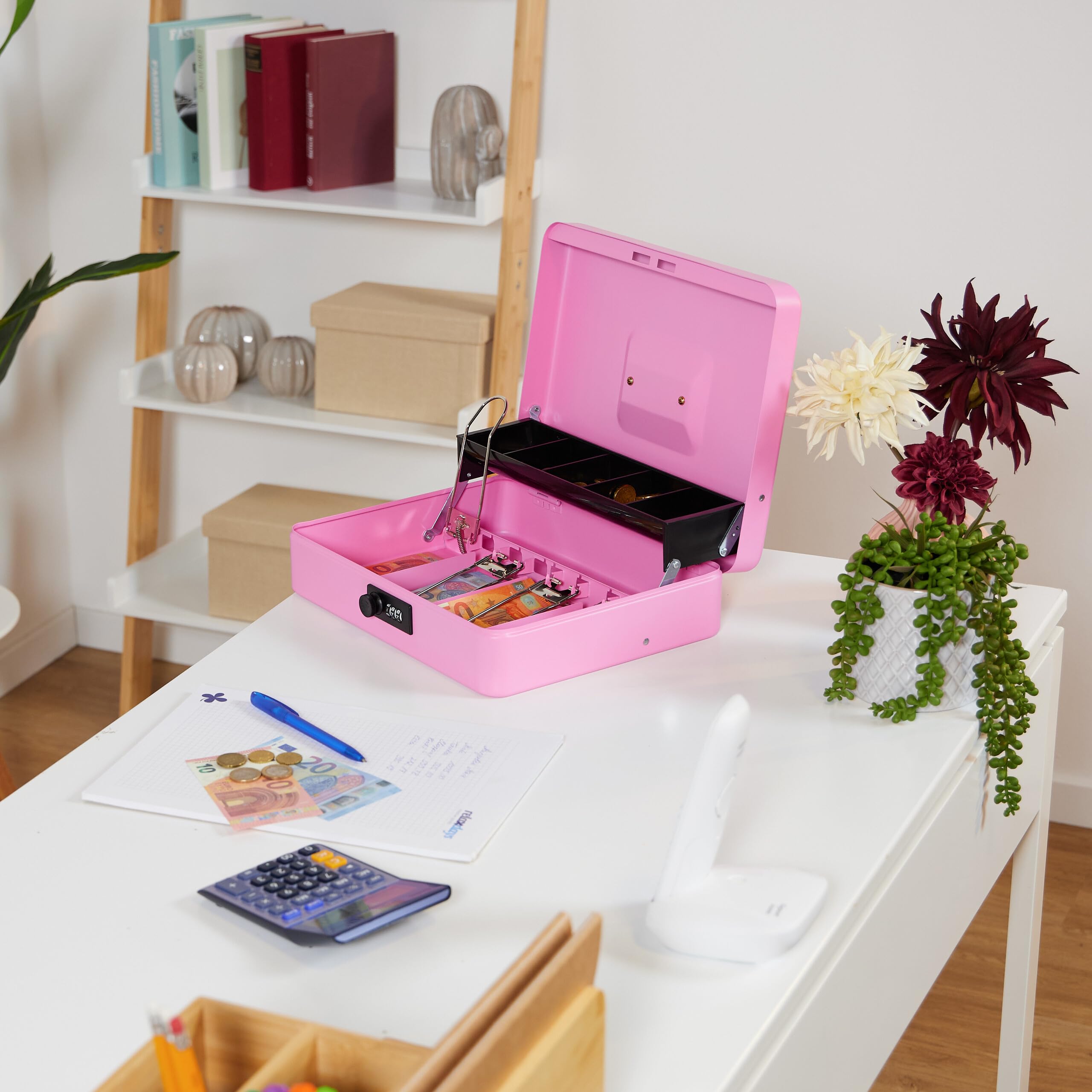 Relaxdays Caisse à Monnaie, Pratique, Combinaison à 3 Chiffres, pour Billets et pièces, verrouillable, Rose
