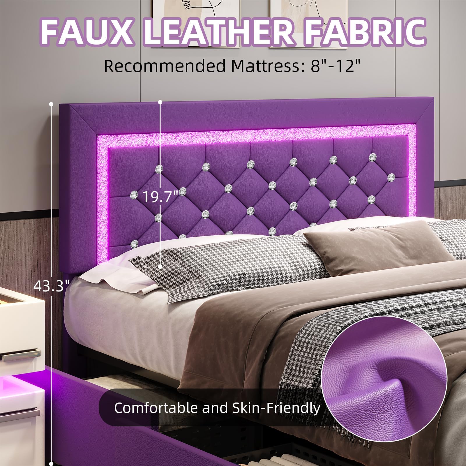 BarnFurin Full Size Bed Frame with Headboard, Faux Leather Upholstered Bed with Diamond Tufted Design, Mordern Bed Frame with Wooden Slats Suppor, No Box Spring Required, Easy Assembly, Purple