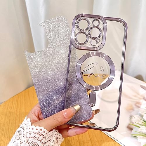 Vista 436 de Fiyart - Funda transparente magnética con purpurina para iPhone 12 para mujeres, con grabado "Love" metálico, protección para cámara y antigolpes