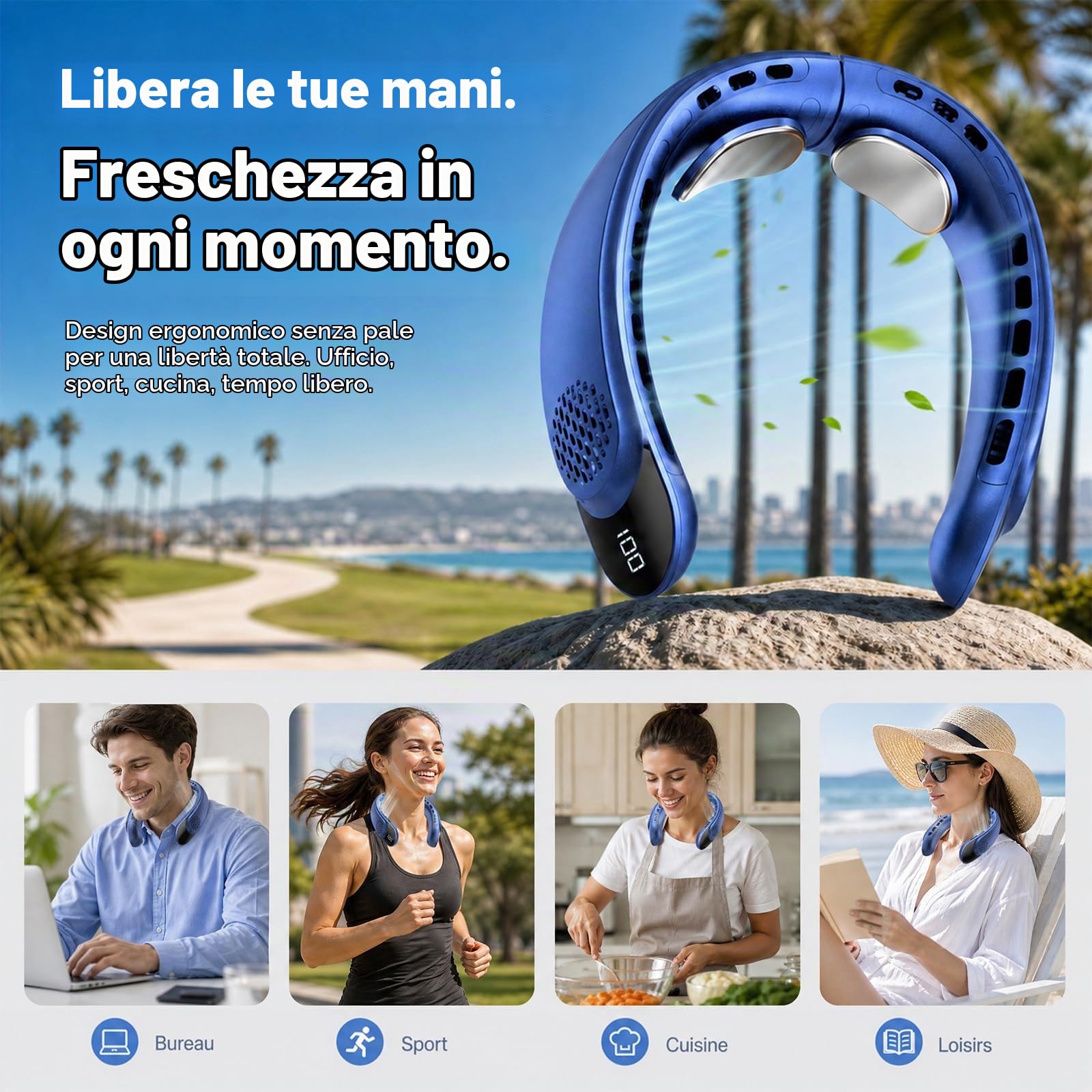 Ventlatore da collo 4000 mAh ventilatore portatile 3 velocità display LED 360 gradi cooling ventilatore collo 50 dB basso rumore