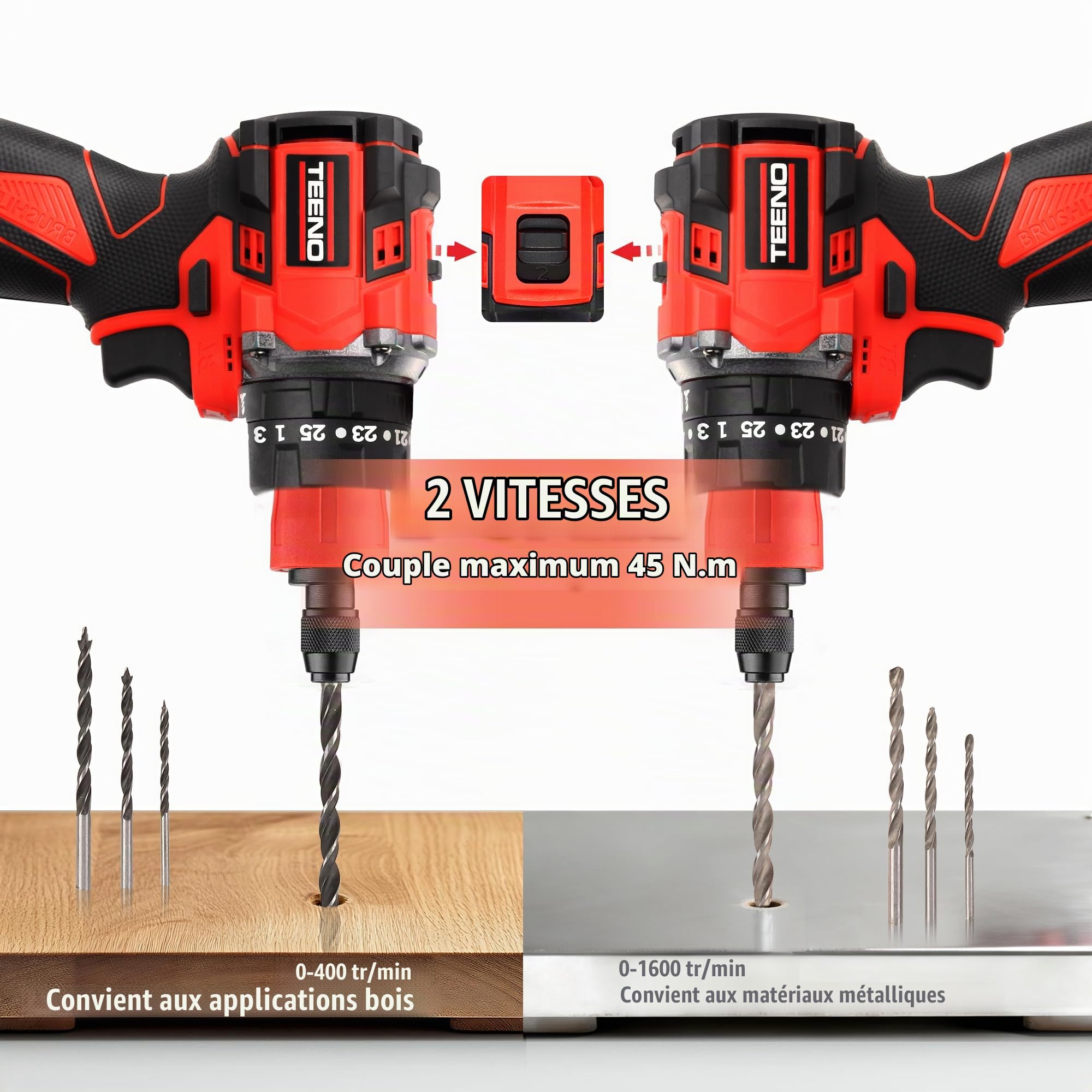 TEENO Brushless 18V 25+3 Couple Multifonctionnel Kit Perceuse Visseuse sans Fil à Percussion 45Nm, 4 en 1 avec 2 Batteries 2,0Ah, 2 Vitesses, LED