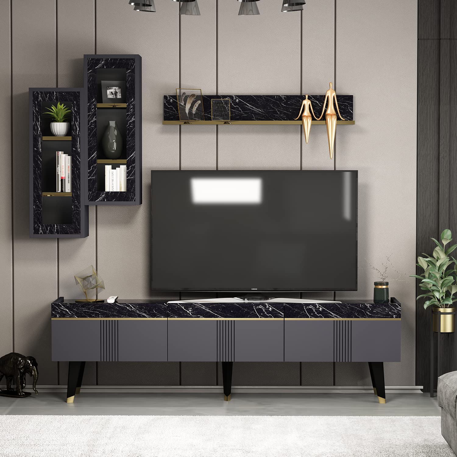 Mmobile TV Stand Karya Anthracite/Marble 3 Cabinets - Dettaglio