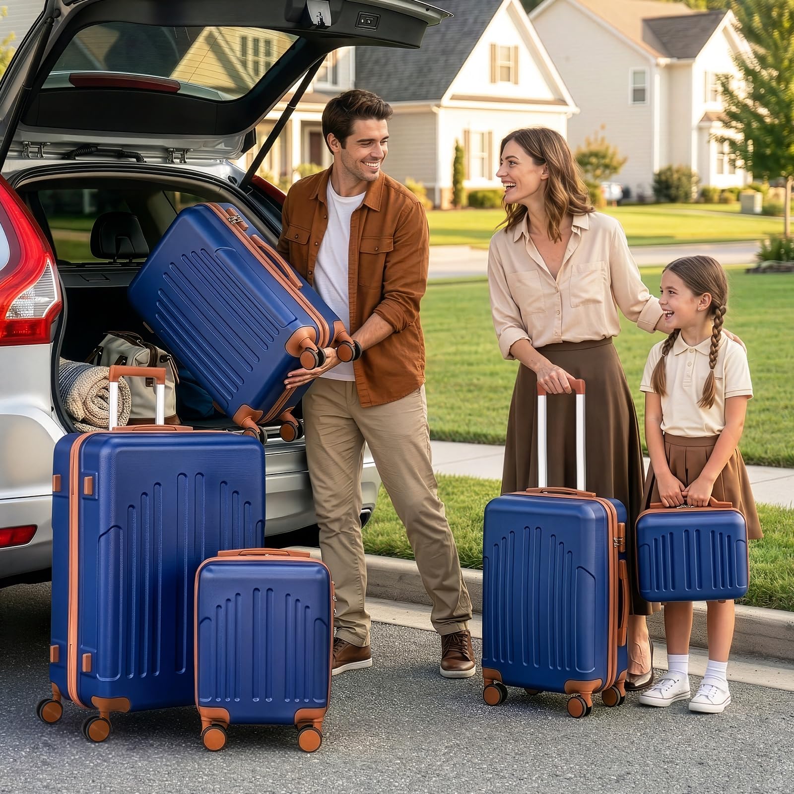 LALAHO Set de 5 Valises avec Vanity Case, Valise Grande Taille/Cabine, Petite Valise, Bagage Suitcase en ABS (Marine-Brun)