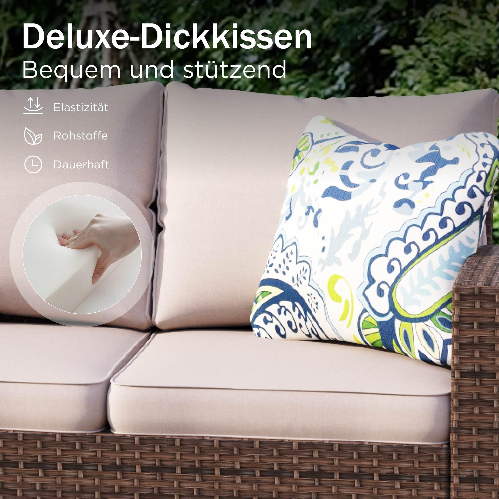 PHI VILLA Gartenmöbel Set Balkonmöbel 5 Stück, Rattan Lounge Möbel Outdoor Gartenlounge Set 7-Sitzer, Terrassenmöbel Modulare Möbel mit Verstärkten Kissen, Beige