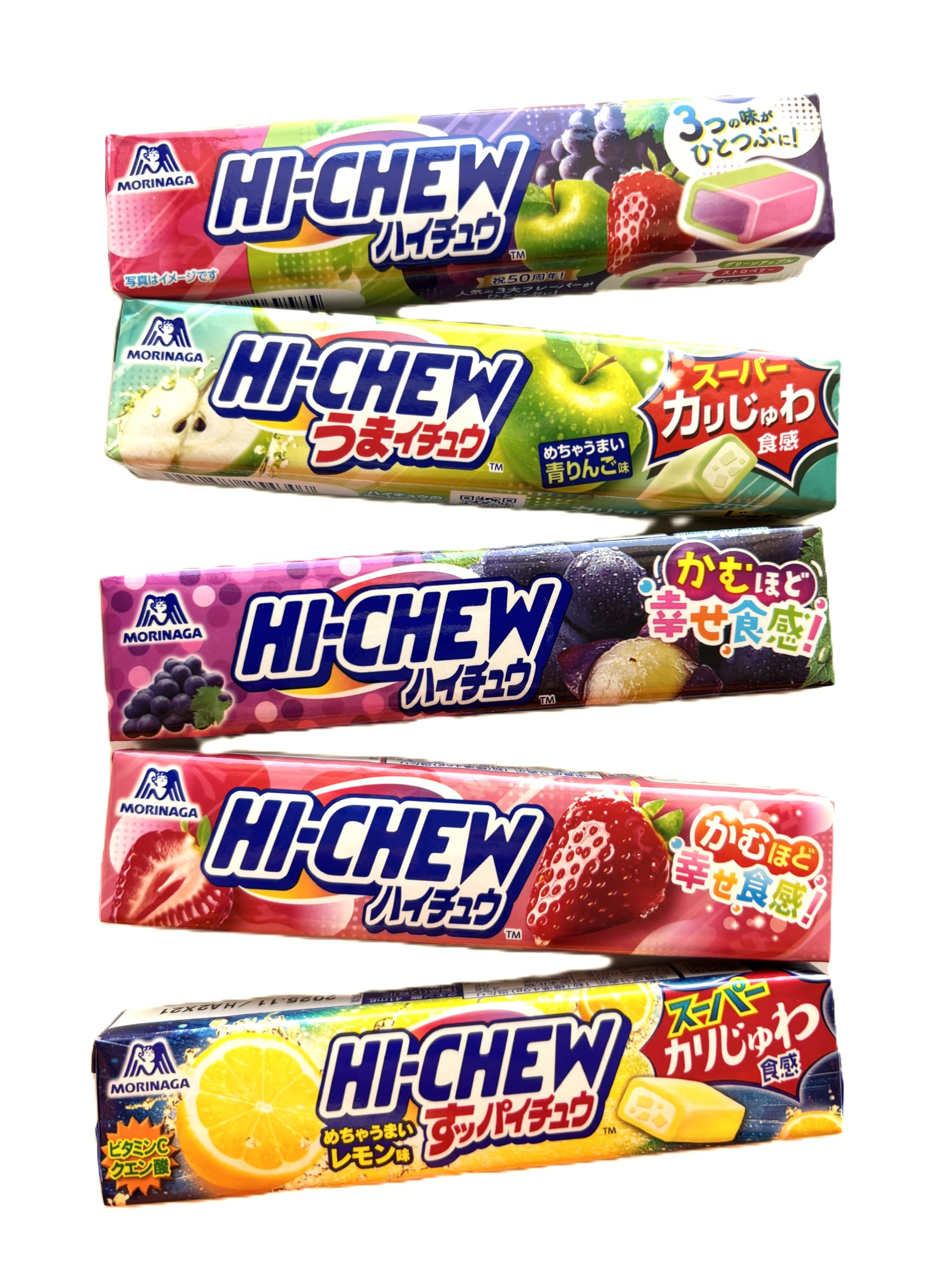 KONBINI JAPANHi Chew 5 Assorted Fruit Flavored - Grape, Lemon, Green Apple, Strawberry, Mixed Fruits - Japanese, Chewy Candy Sweets Snack (5Pcs)