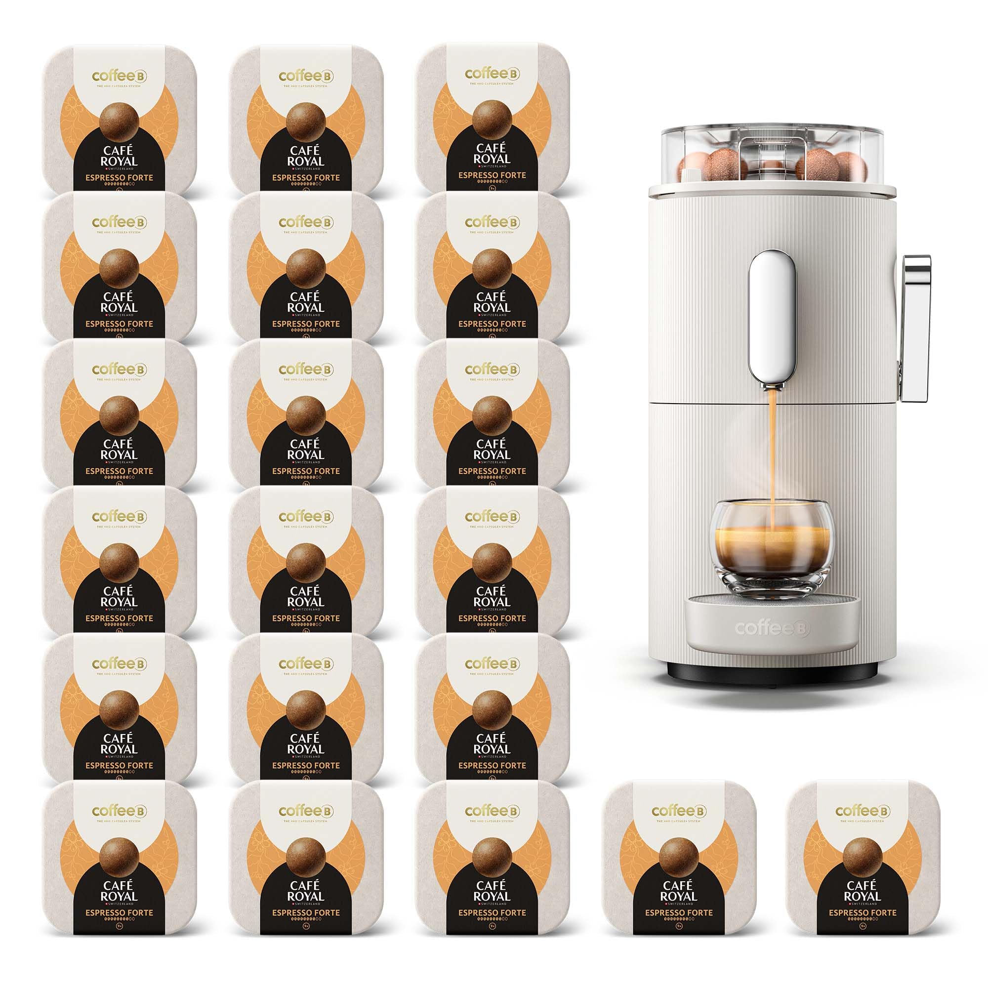 CAFE ROYAL SWITZERLAND PROFESSIONAL Machine à Café CoffeeB Globe Blanc 1.3L avec 180 Coffee Balls Expresso Forte - 100% Compostables