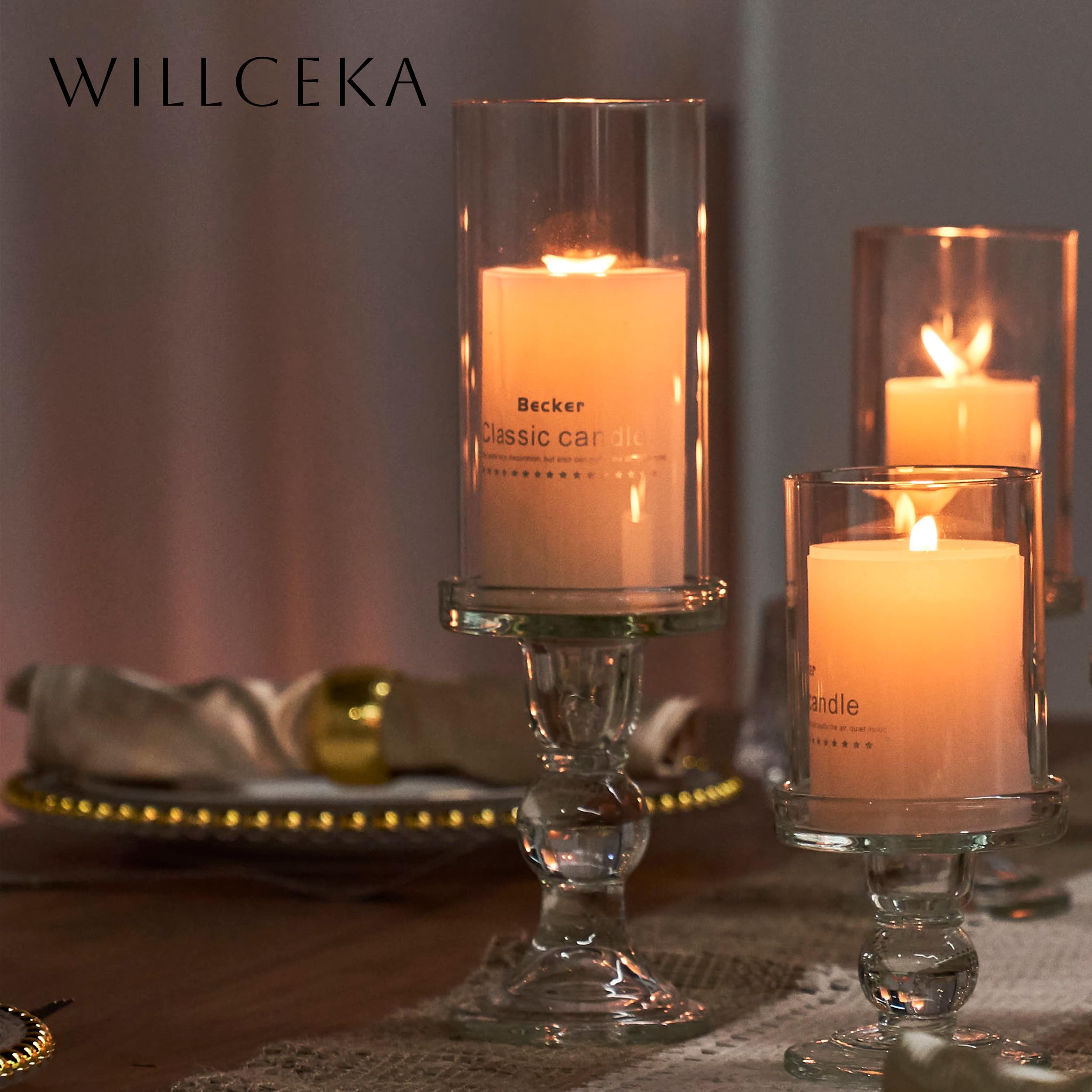 Willceka 3 Pcs Clear Candle Holder, Glass Pillar Candle Holder Set for Taper Candlestick Pillar(Clear)