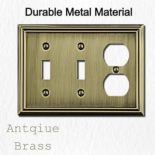 Vista 76 de Adler - Placa de pared de metal para interruptor de luz dúplex de palanca/dúplex, paquete de 2 unidades de latón antiguo, cubierta de salida