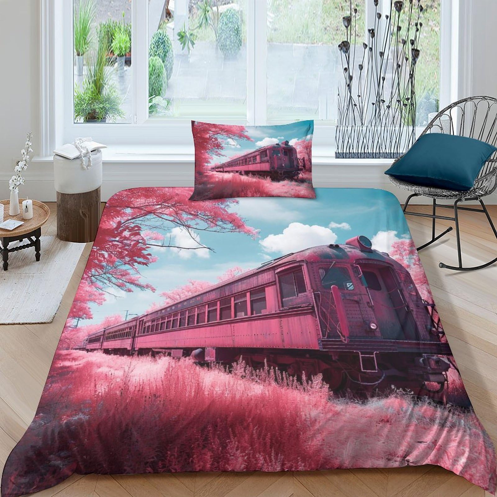 Train Bedding Set 3D Duvet Cover Set Soft Microfiber Quilt Cover with Pillowcases, Anime Comforter Cover 2 Piece Set Single（135x200cm）
