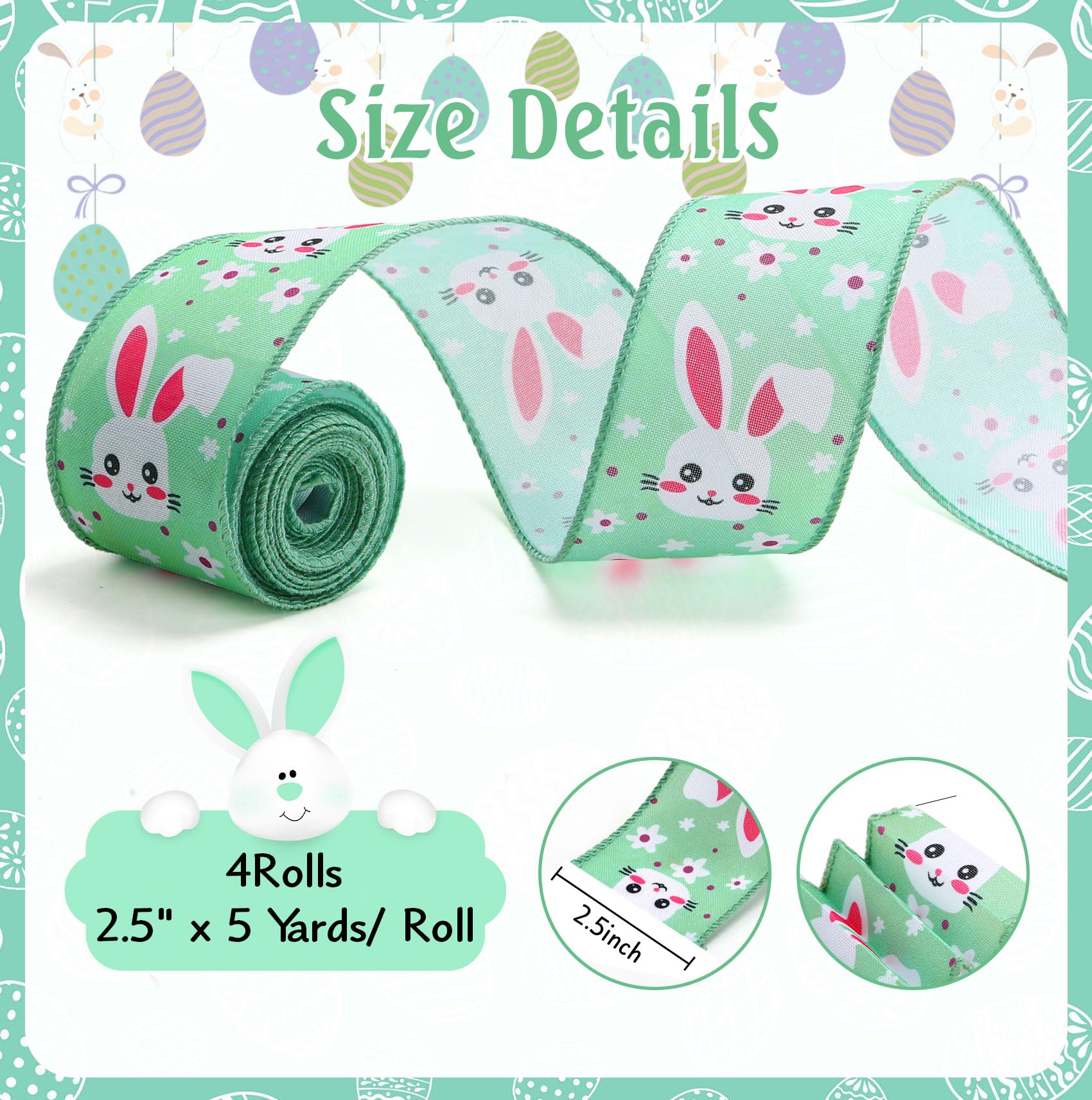 4 Rolls Easter Wired Ribbon Burlap Ribbons for Gift Wrapping Printed Easter Eggs Carrot Bunny Rabbit Plaid with Wire Spring Ribbons 2.5 Inch Wide 20 Yards Patten Pastel for Crafting Basket Pack - Image 2