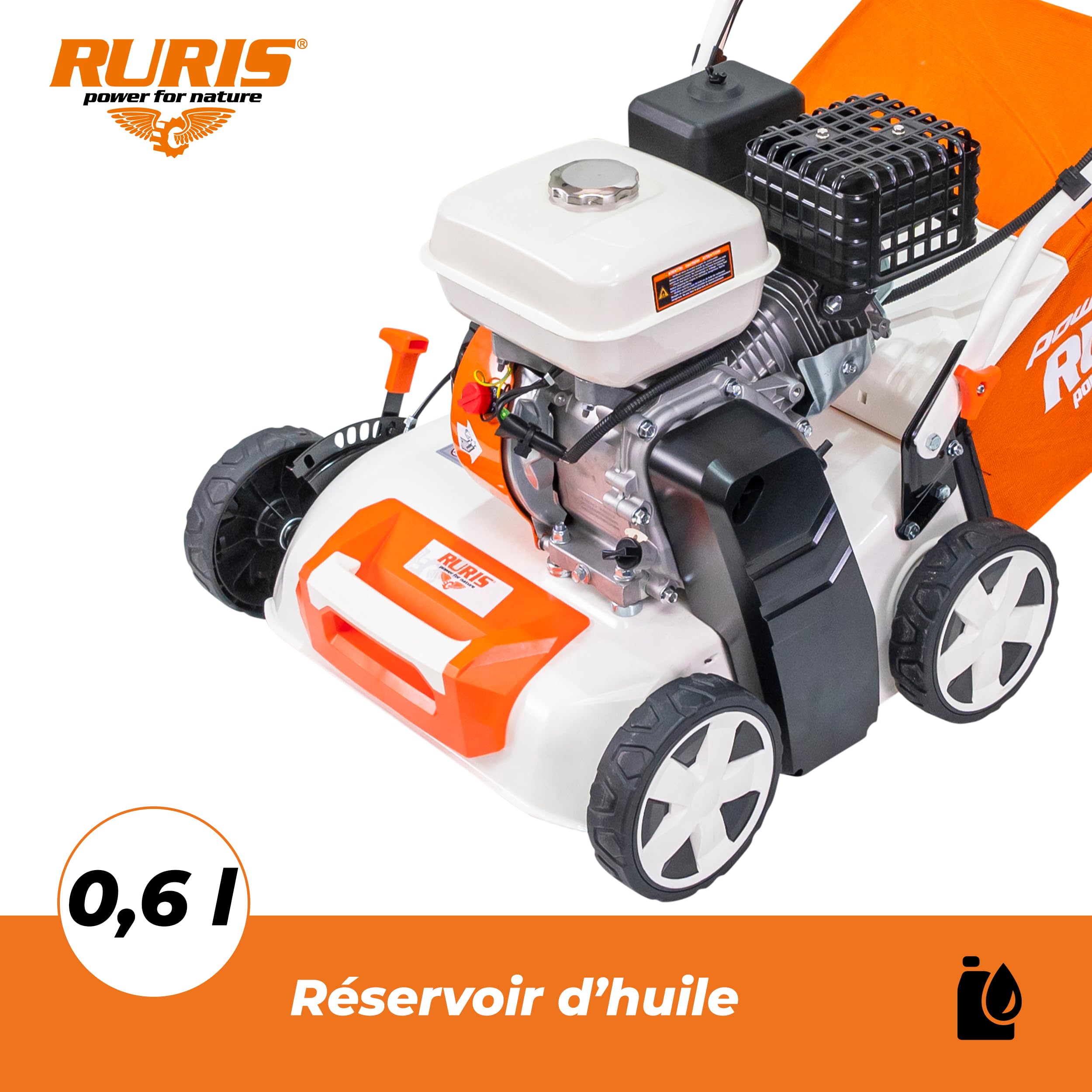 RURIS RXH909 Scarificateur Aerateur Thermique 212 cc 5,5 CV Bac 40 L | 4 Temps Moteur 212 cc 5.5 CV 3400 tr/min Largeur 400 mm Bac 40 L Cuve 3.6 L Carter en Fer
