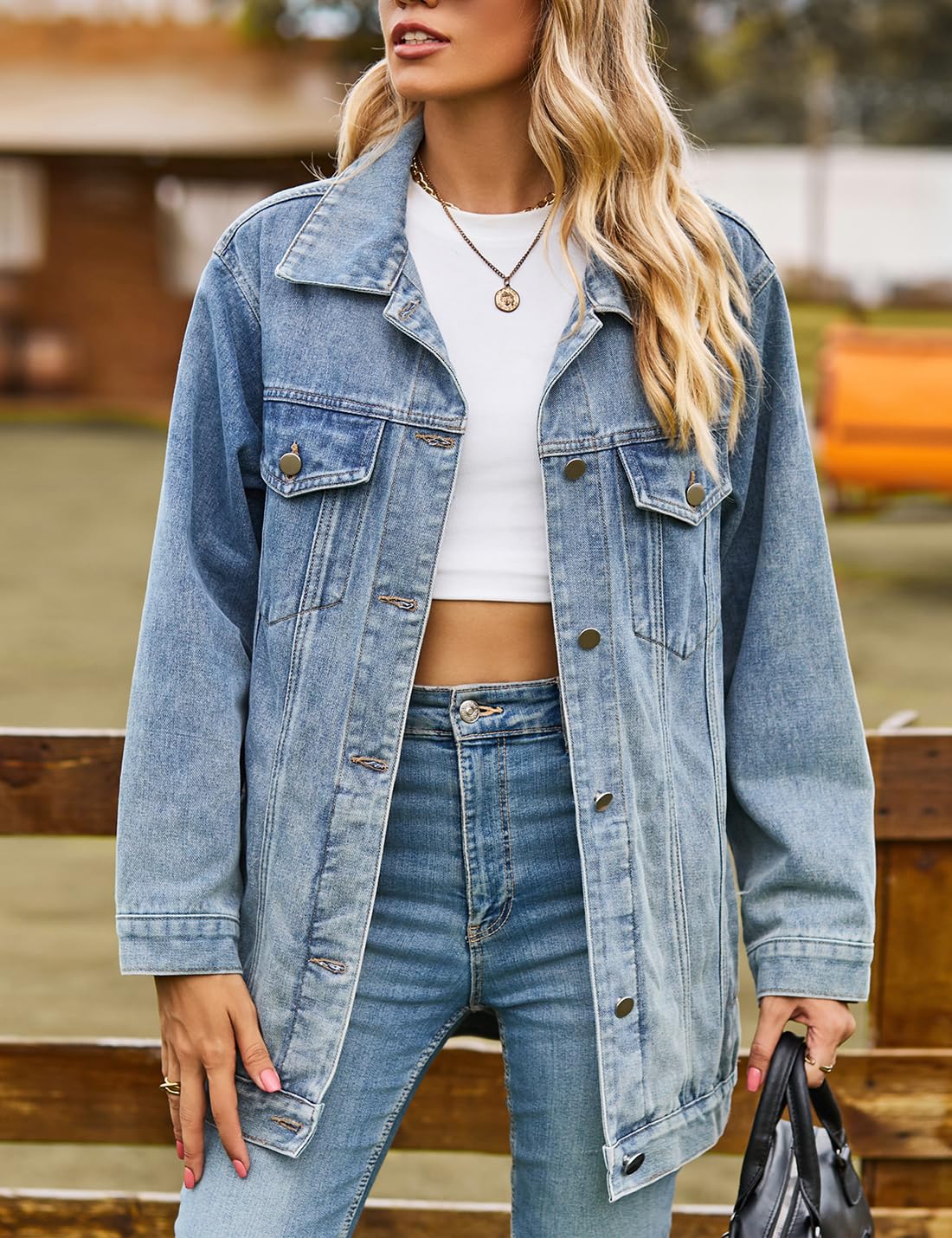 Sukany Chaqueta vaquera casual para mujer, de gran tamaño, con botones, cuello vuelto, holgada, manga larga, abrigo largo medio