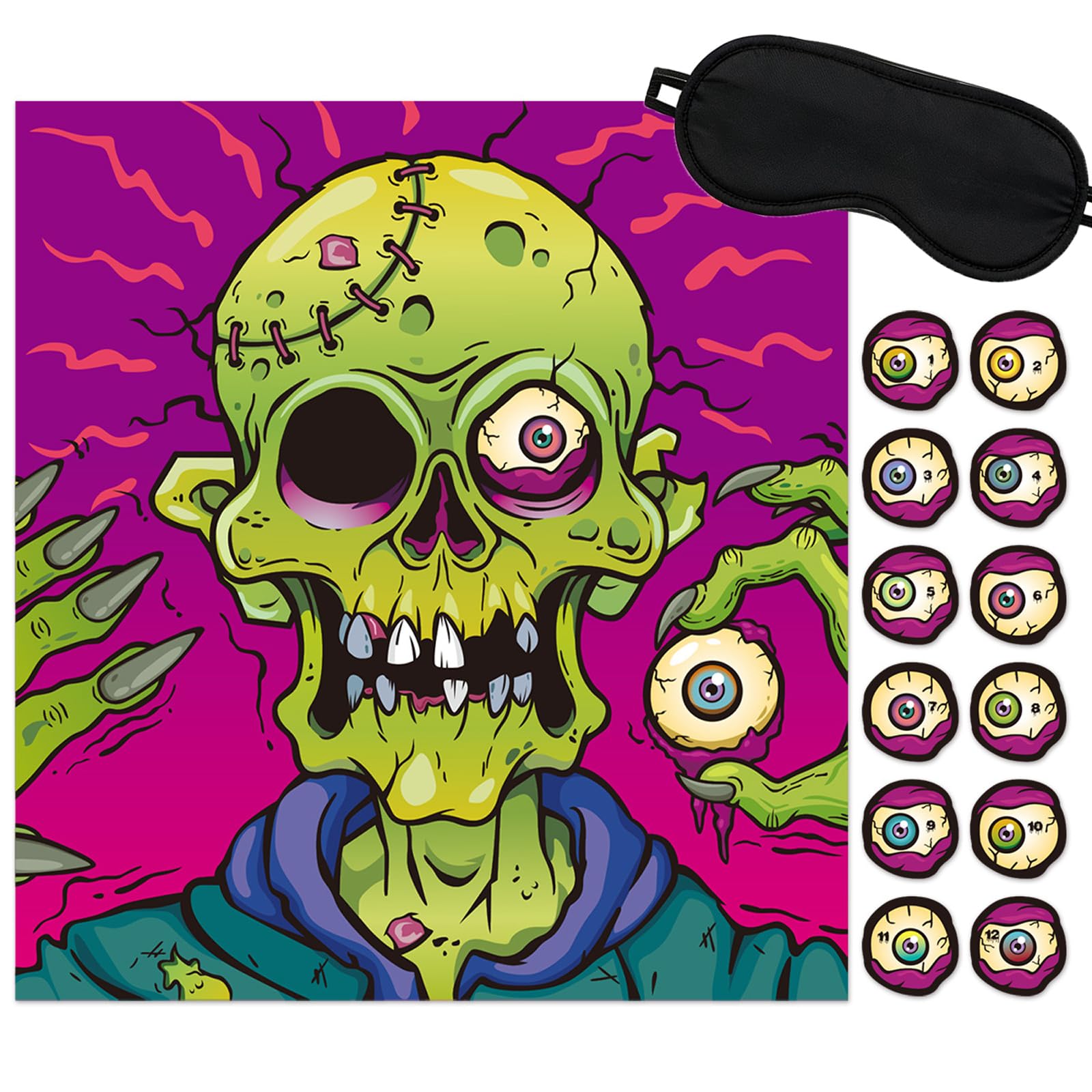Halloween Game Pin the Eyeball on Zombie, with Poster Stickers Blindfold