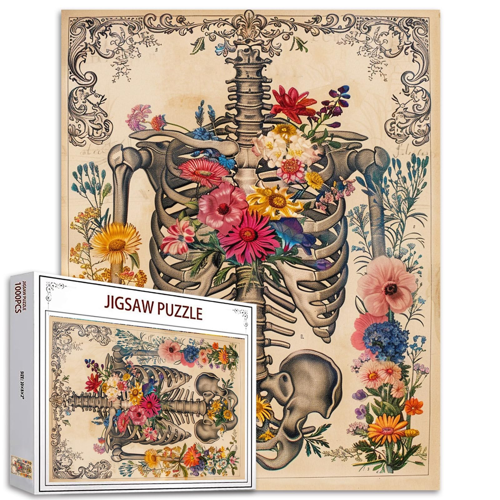 Rib Cage Skull Flower Jigsaw Puzzle Human Organ/Anatomy 1000 Pieces Puzzles Game Florals Jigsaw Puzzles for Adults Home Decor DIY Craft Puzzle Gift for Friends and Family