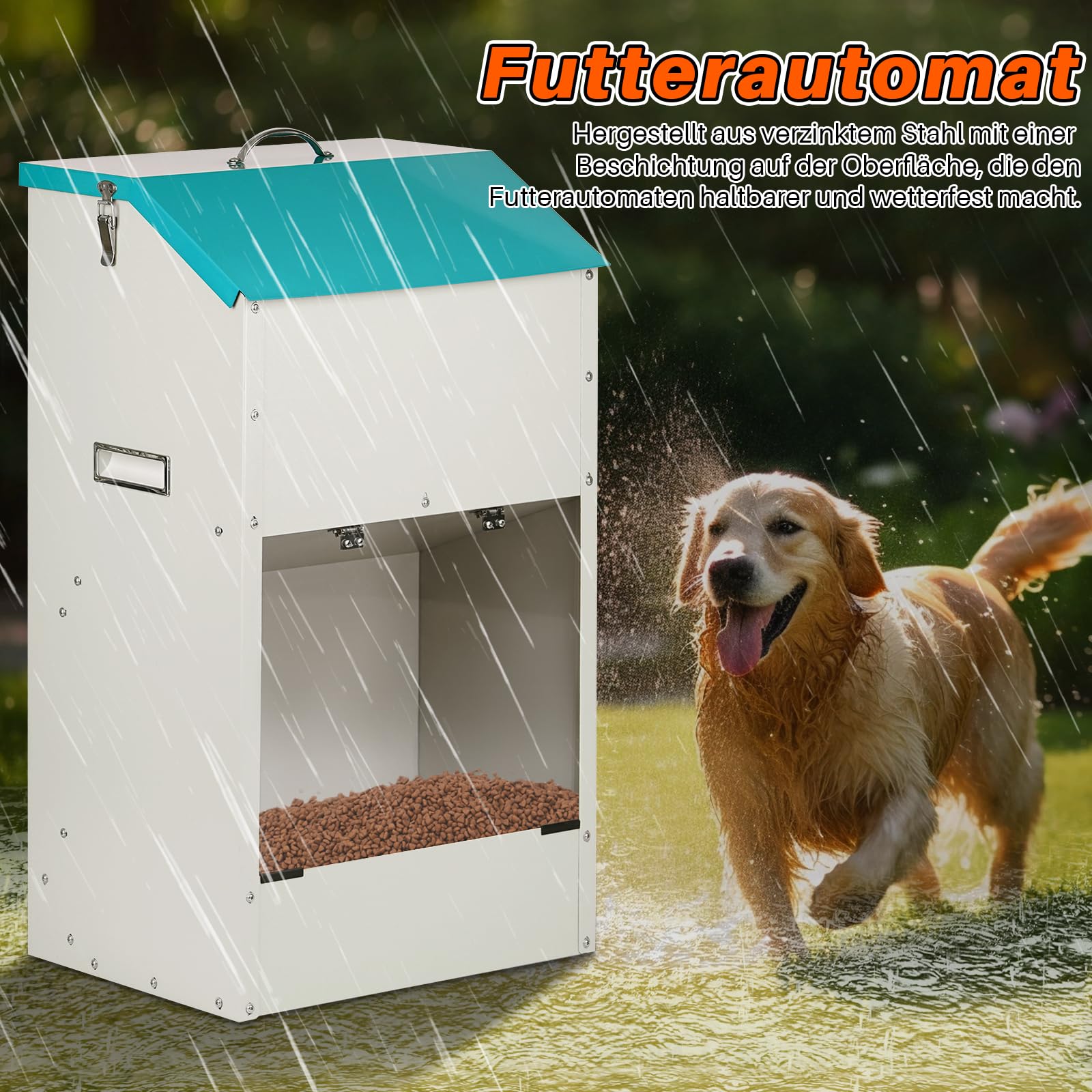 Futterautomat für Hunde - Fassungsvermögen 22 kg, mit Deckel Zum Schutz des Futters, Nagetiersicheres Design, Geeignet für den Außeneinsatz (70X30X40)