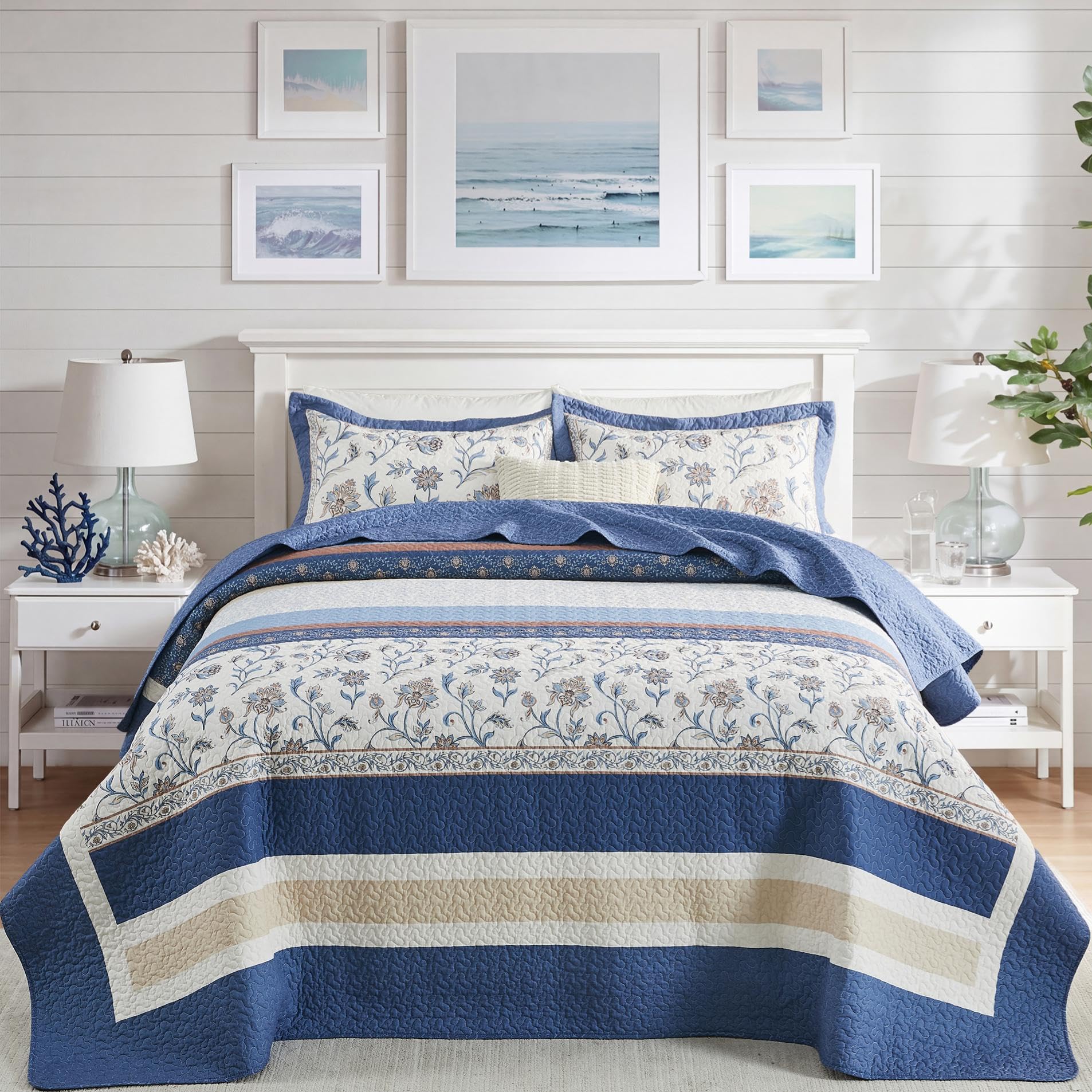 Quilta Oversized King Bedspreads 120x120 - Farmhouse Floral Striped Design California King Quilt Set, 3-Piece 100% Cotton Textured Lightweight Comforter Coverlet Set, Cal King, Navy/Cream/Taupe