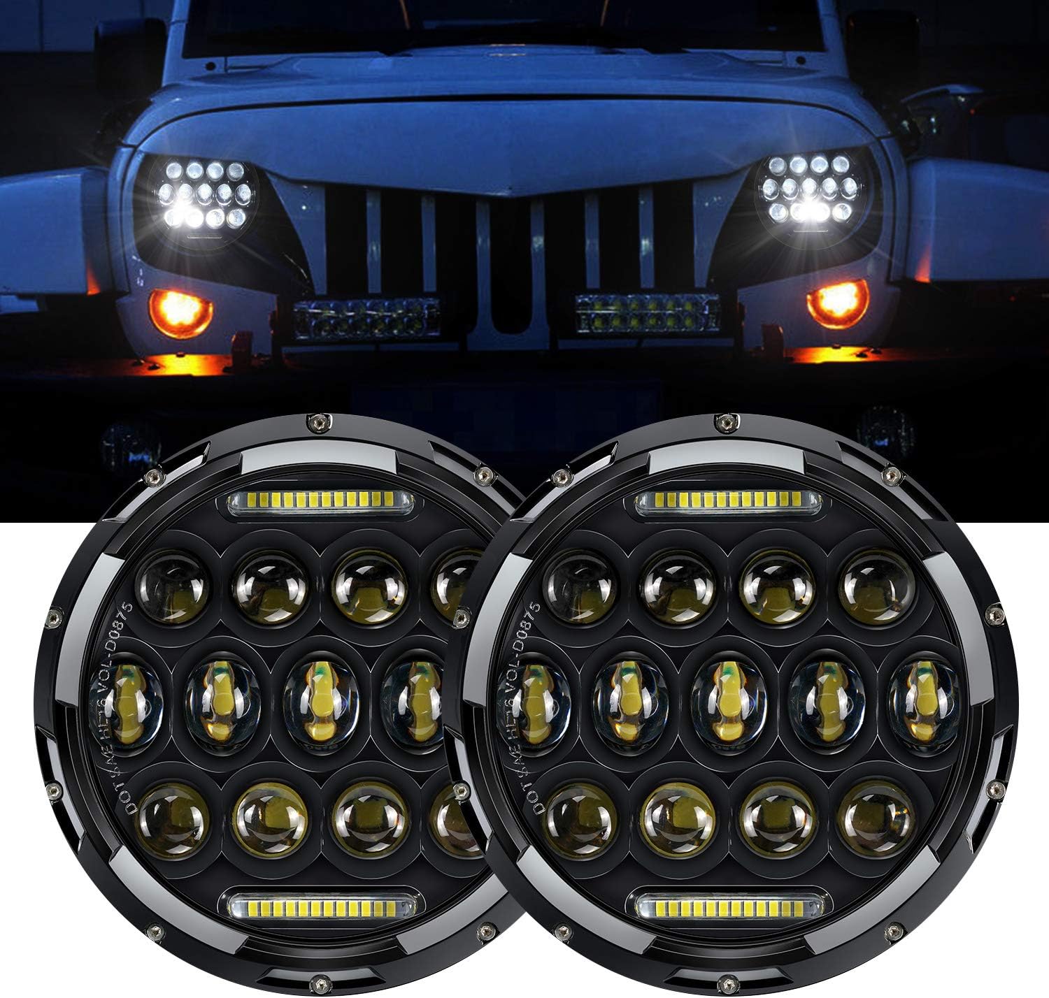 DOT Approved LED Headlight 7″ 75W Round LED Headlamp with Daytime Running Light DRL Amber Turn Signal High Low Beam For Wrangler JK TJ LJ CJ Motorcycle Mazda Miata with H4 H13 Adapter