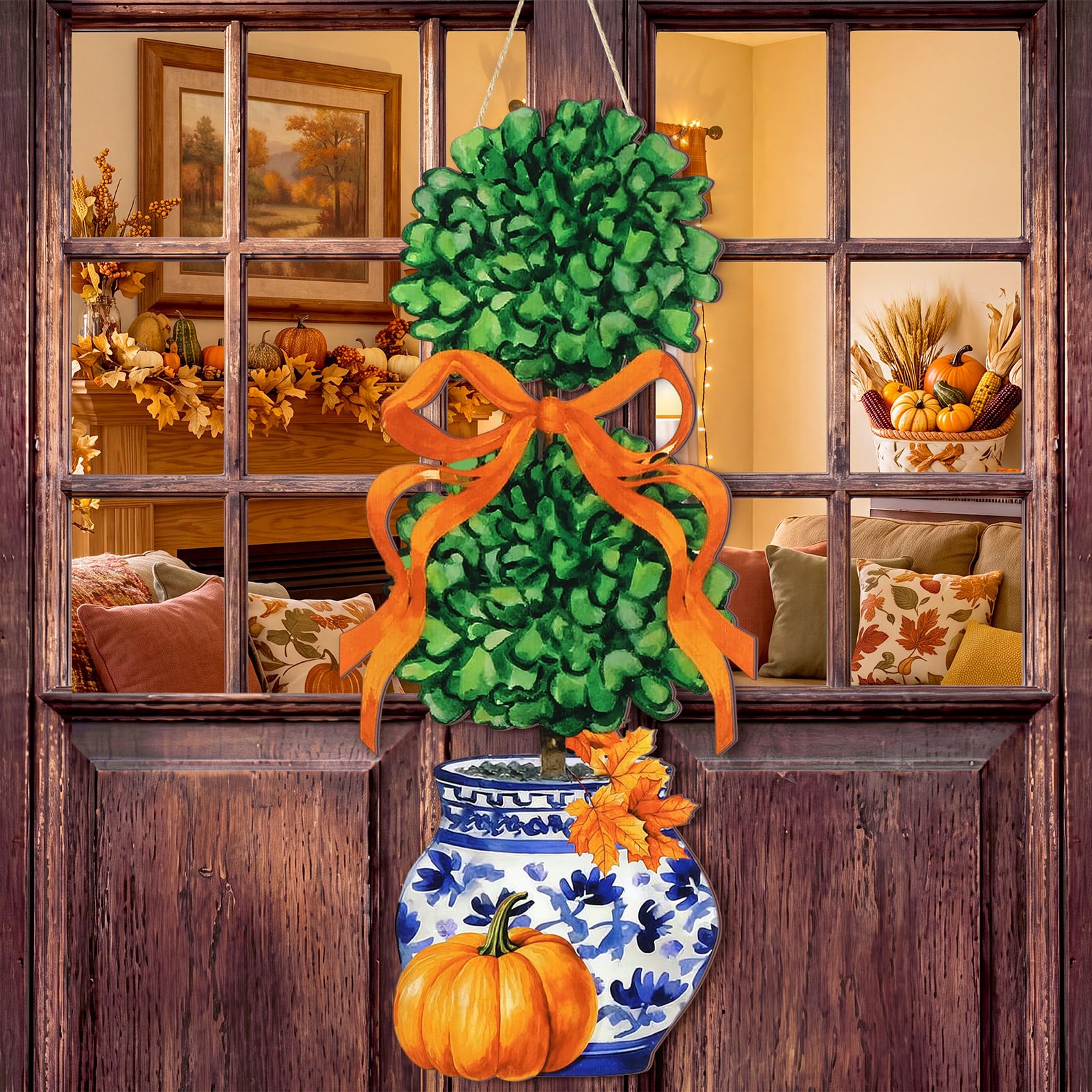 RattanView Fall Chinoiserie Pumpkin Door Hanger Decor Autumn Bow Wreath