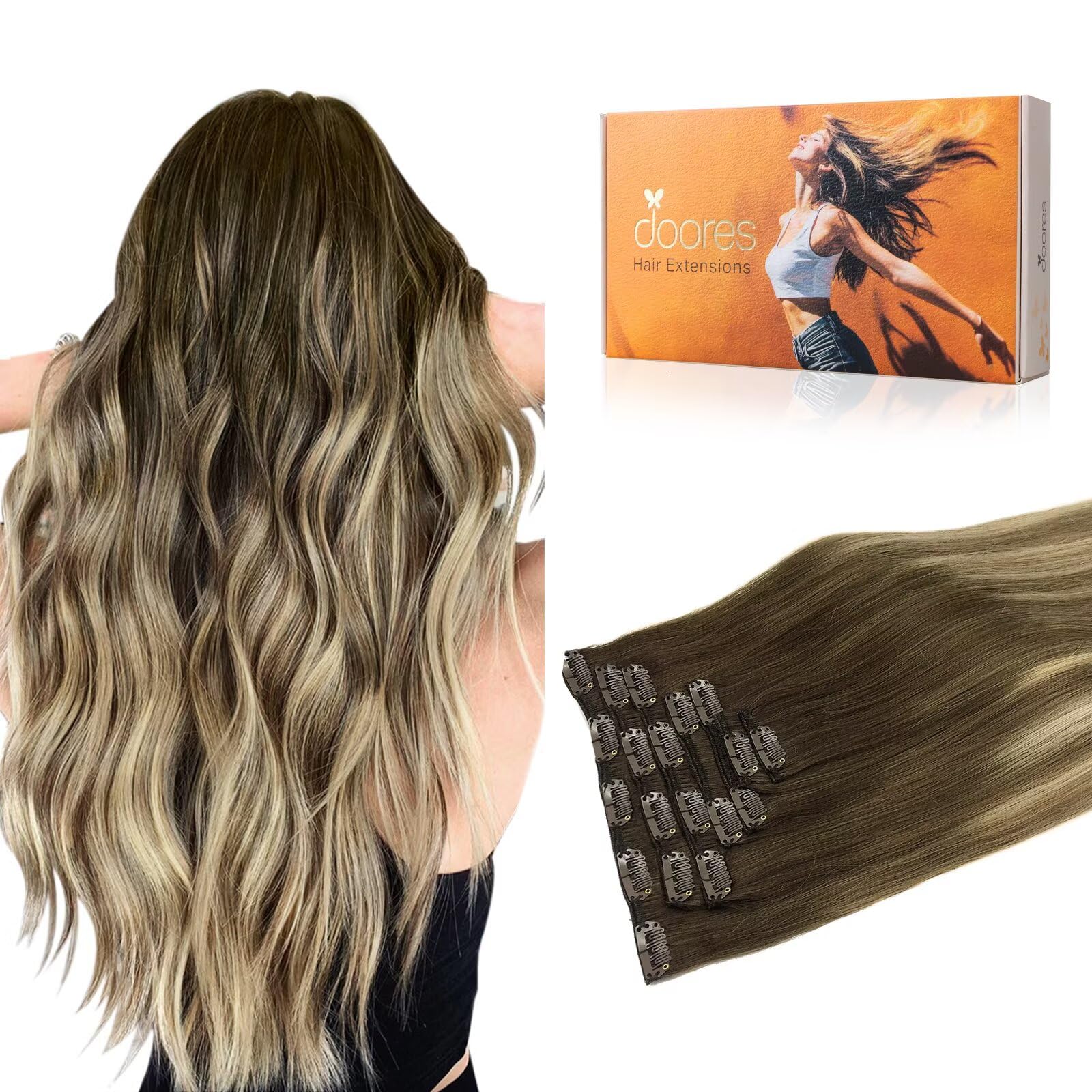DOORES Hair Extensions Real Human Hair, Balayage Walnut Brown to Ash Brown and Bleach Blonde 120g 7pcs 18 Inch Remy Hair Extensions Clip in Human Hair Extensions Real Natural Hair Extensions Straight