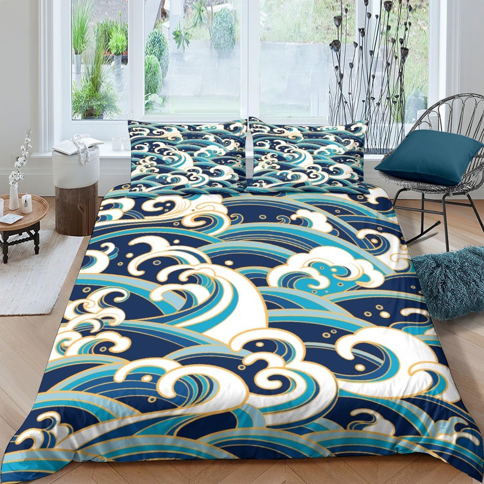 Ctjqhvkz Style-5 3D Printed Ocean Wave Fitted Sheet Microfiber Blue Japanese Art Mattress Cover For Bedroom Guestroom Easy Care Single（135X200cm）
